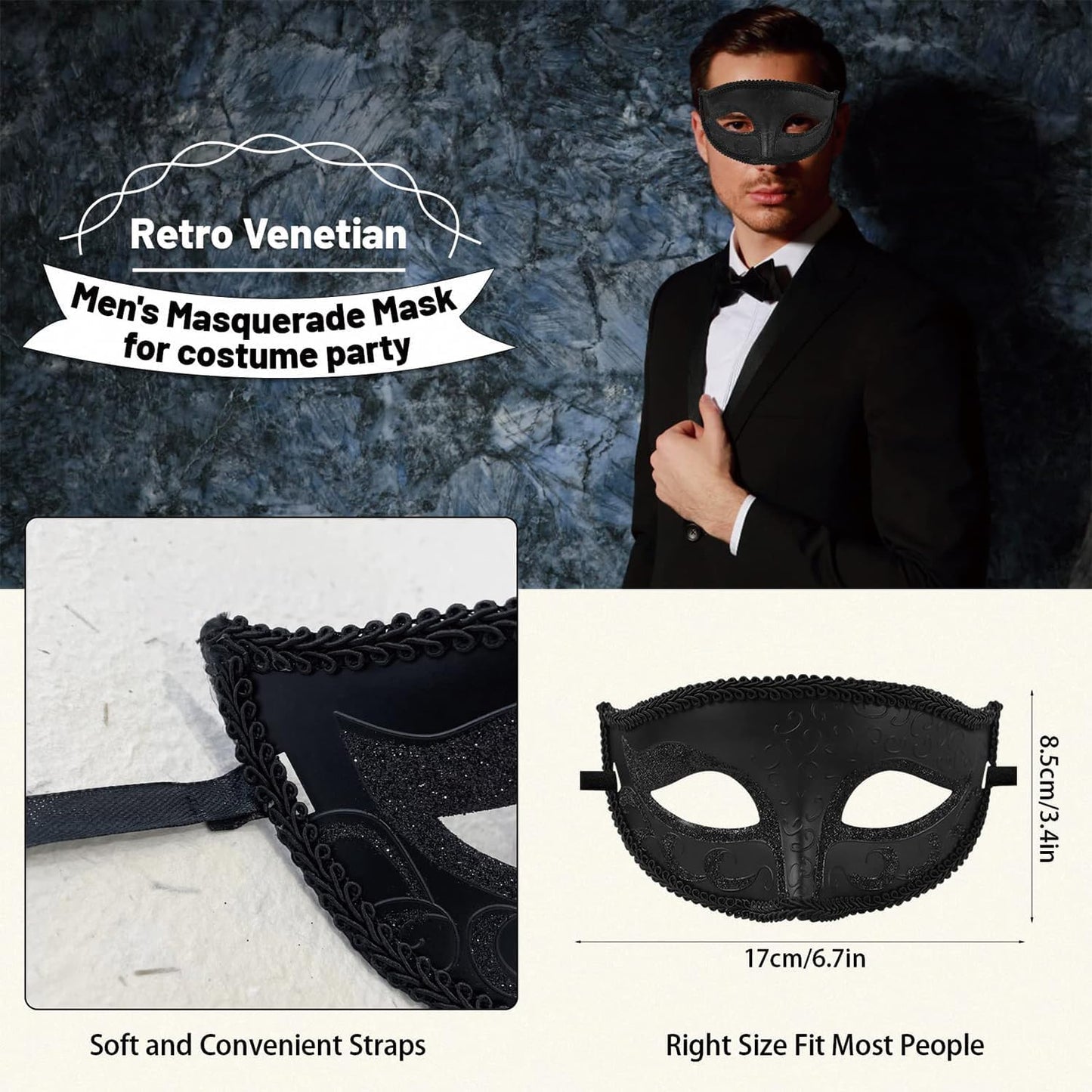 SGETHCH Masquerade Mask, Adjustable Masquerade Ball Masks, Elegant Black Masquerades Mask for Men,Venetian Mysterious Men Masquerades Masks, for Halloween Party Mardi Gras heater Costume Photoshoot