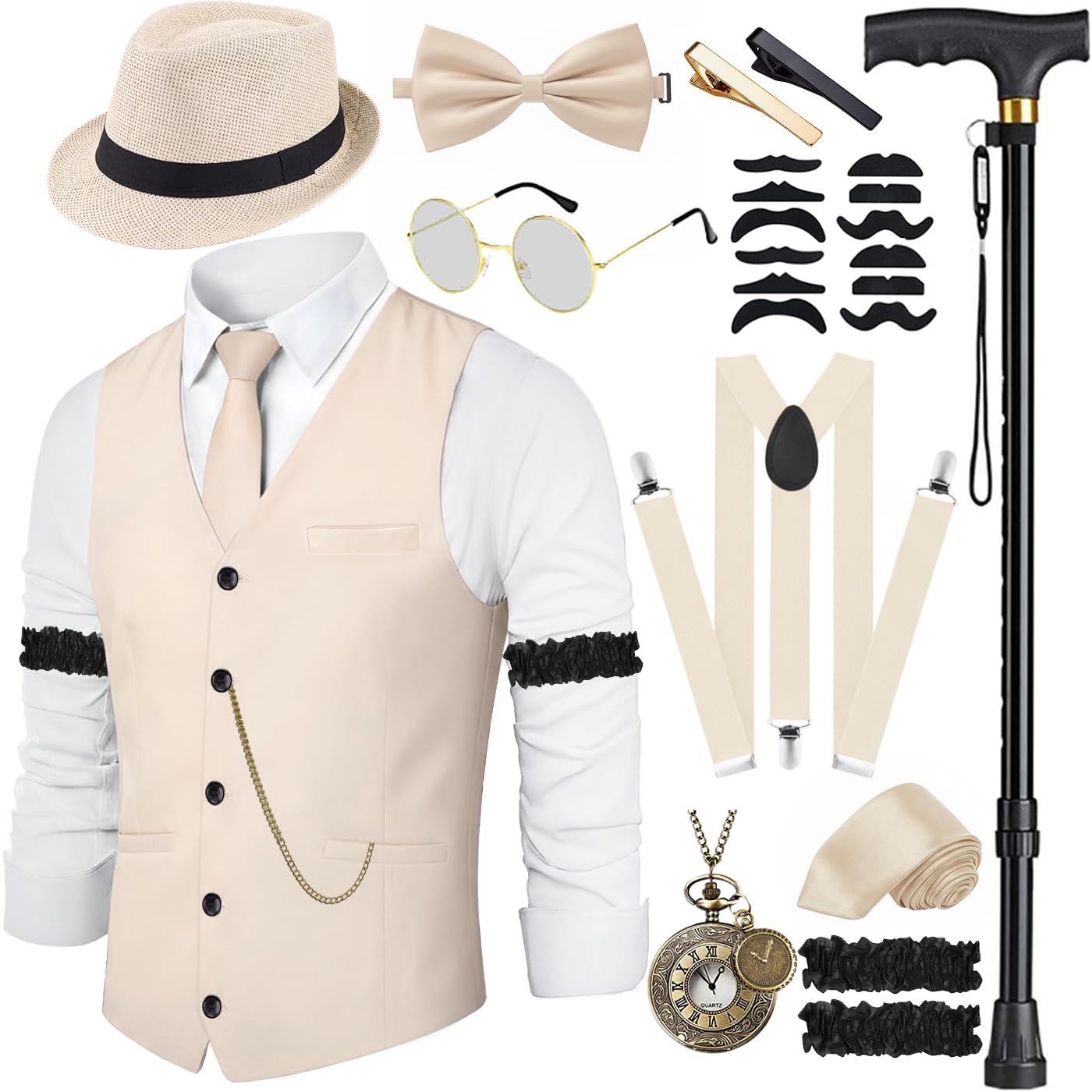 20s Costume Men's Vest with Accessories Braces - Crutch Pocket