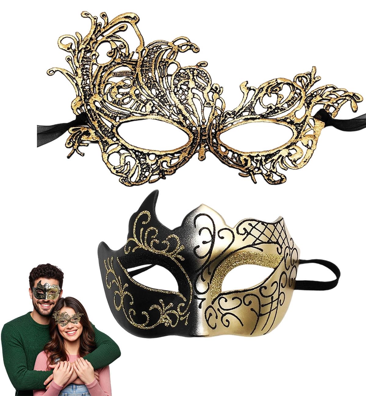 SHIFANQI Masquerade Mask for Men Women, Masquerade Ball Masks for Couples, Halloween Costumes Lace Eye Mask for Venetian Party, Prom, Carnival, Mardi Gras, Cosplay, Gold A
