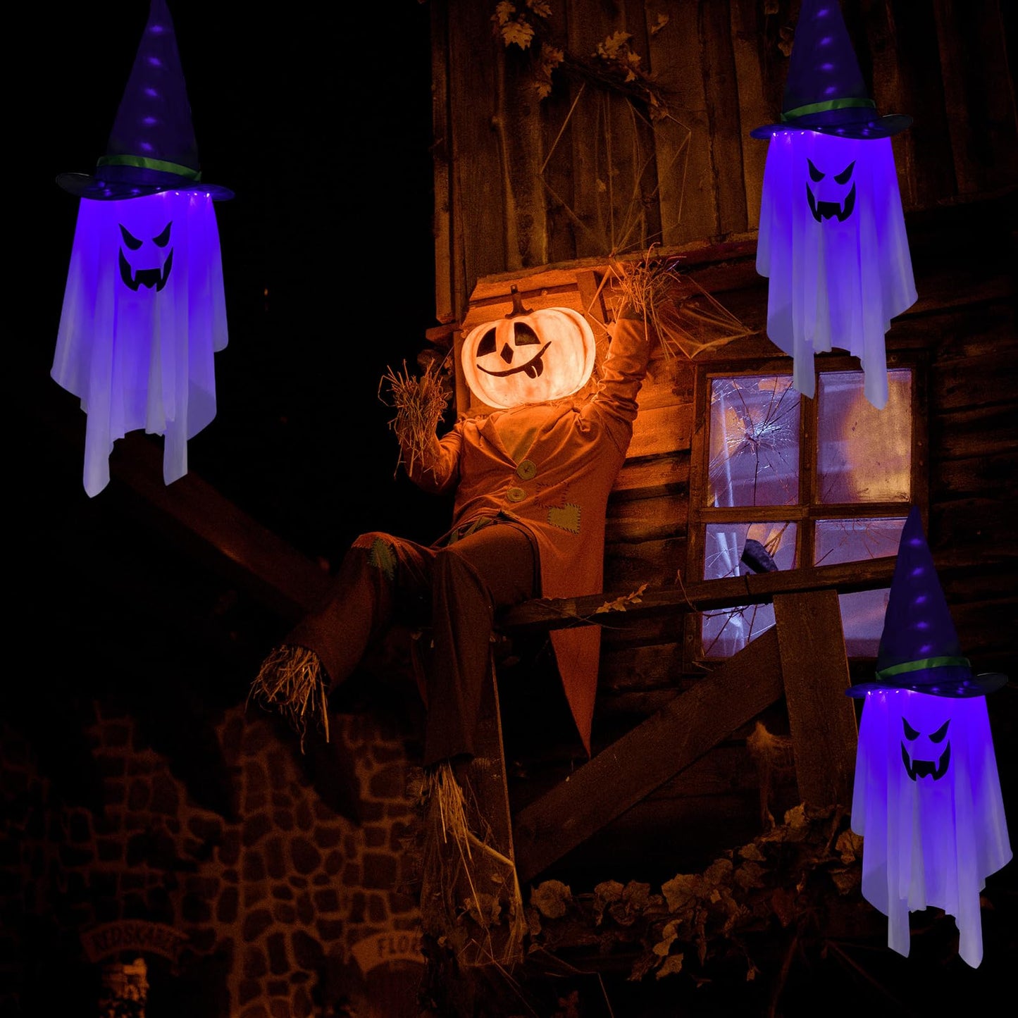 Jsdoin Halloween Decorations Hanging Ghost Lighted Flying Ghost Grim Reaper Skull Chains Glowing Ghost White Ghost Wizard Hat for Garden Yard Halloween Party Tree Door Lawn Party Supplies