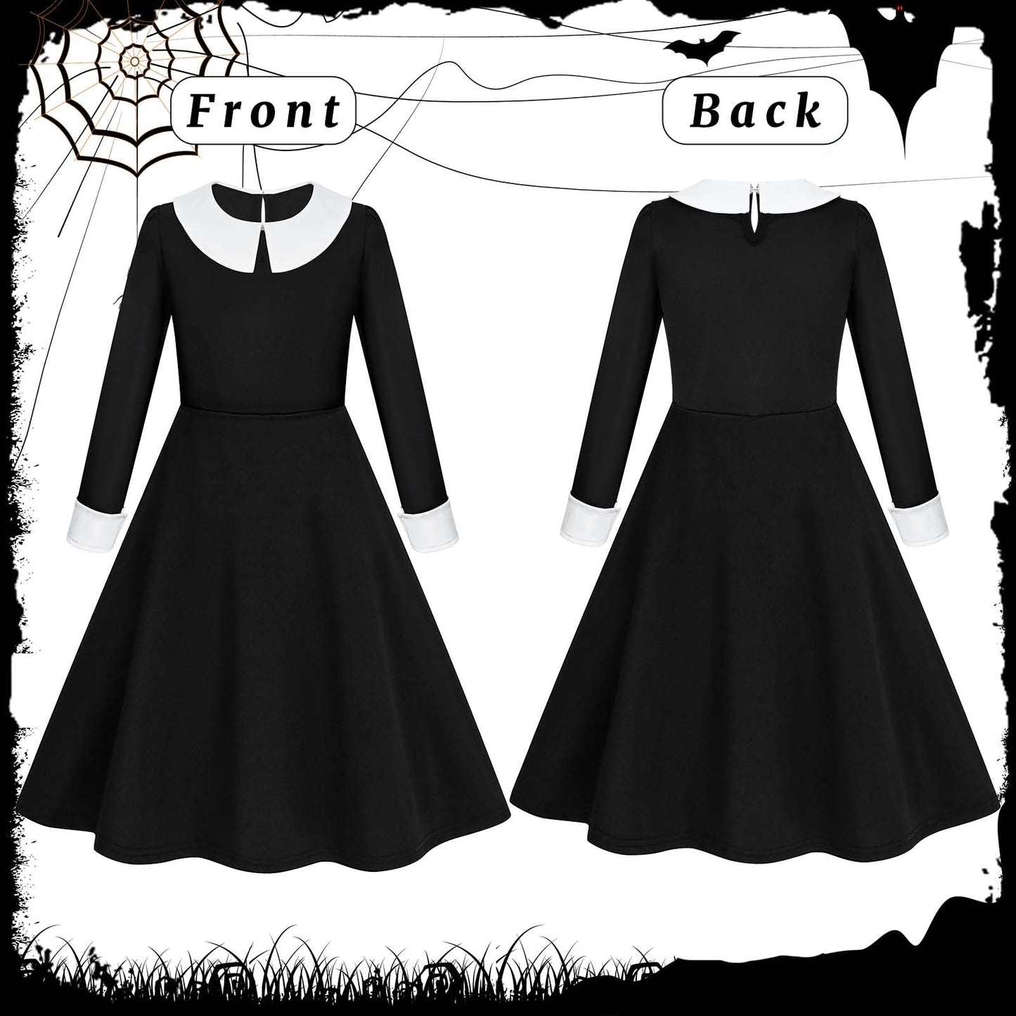 Kavoc 4Pack Halloween Role Play Set Include Black Twins Braided Wig Socks Black Dress for Cosplay Party Supplies (10-12Years Old)