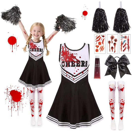 Pddenality 9 PCS 130 Yards Zombie Cheerleader Costume Kids Set, Cheerleader Outfit Kids, Girls Halloween Costume, Zombie School Girl Costumes Suitable for Attending Halloween or Parties
