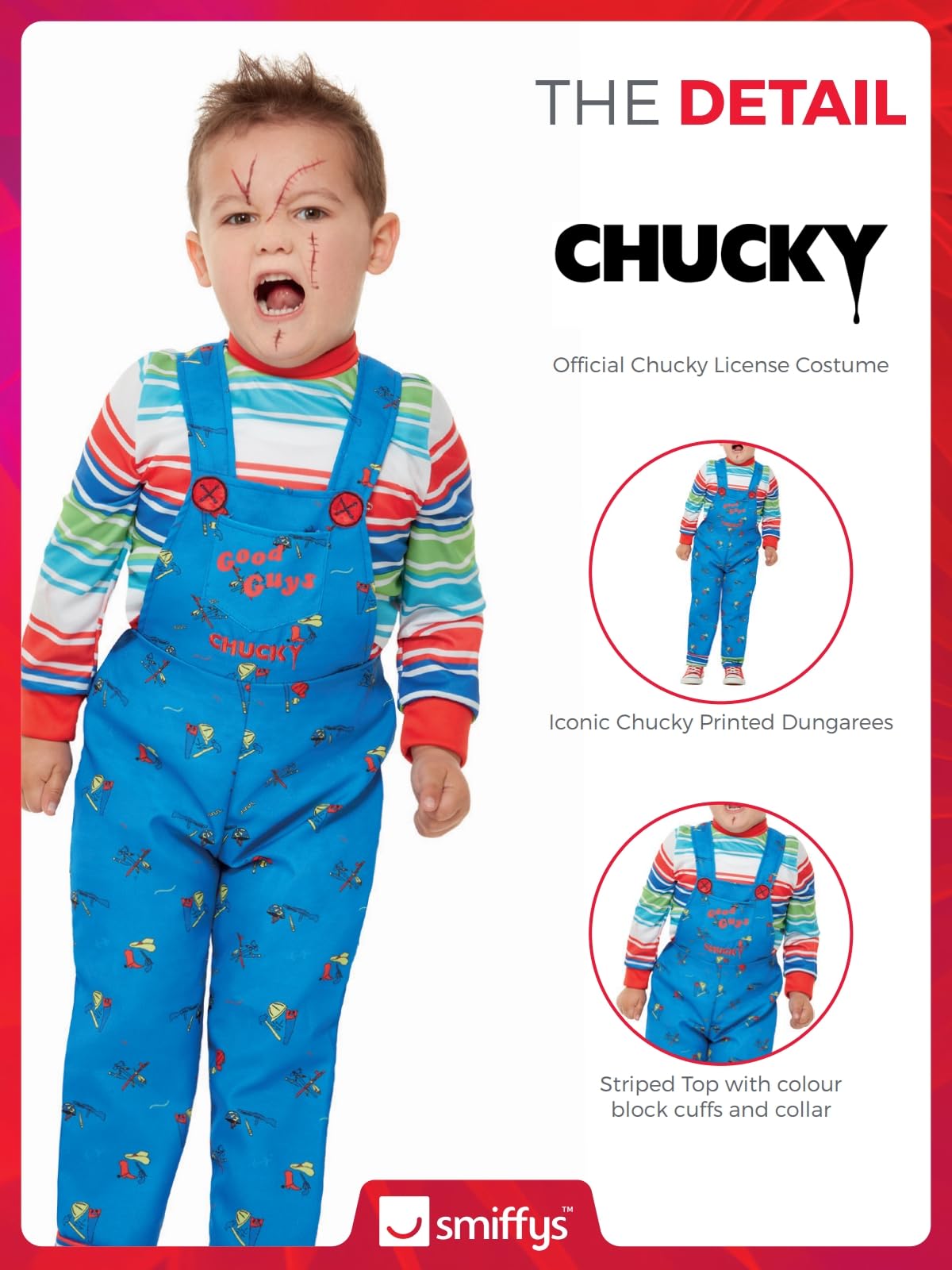Smiffys Chucky Costume in Blue for Kids, Dungarees and Top, Officially Licensed, Iconic Blue Dungarees and Striped Top, Ideal for Halloween and Matching Family Fancy Dress