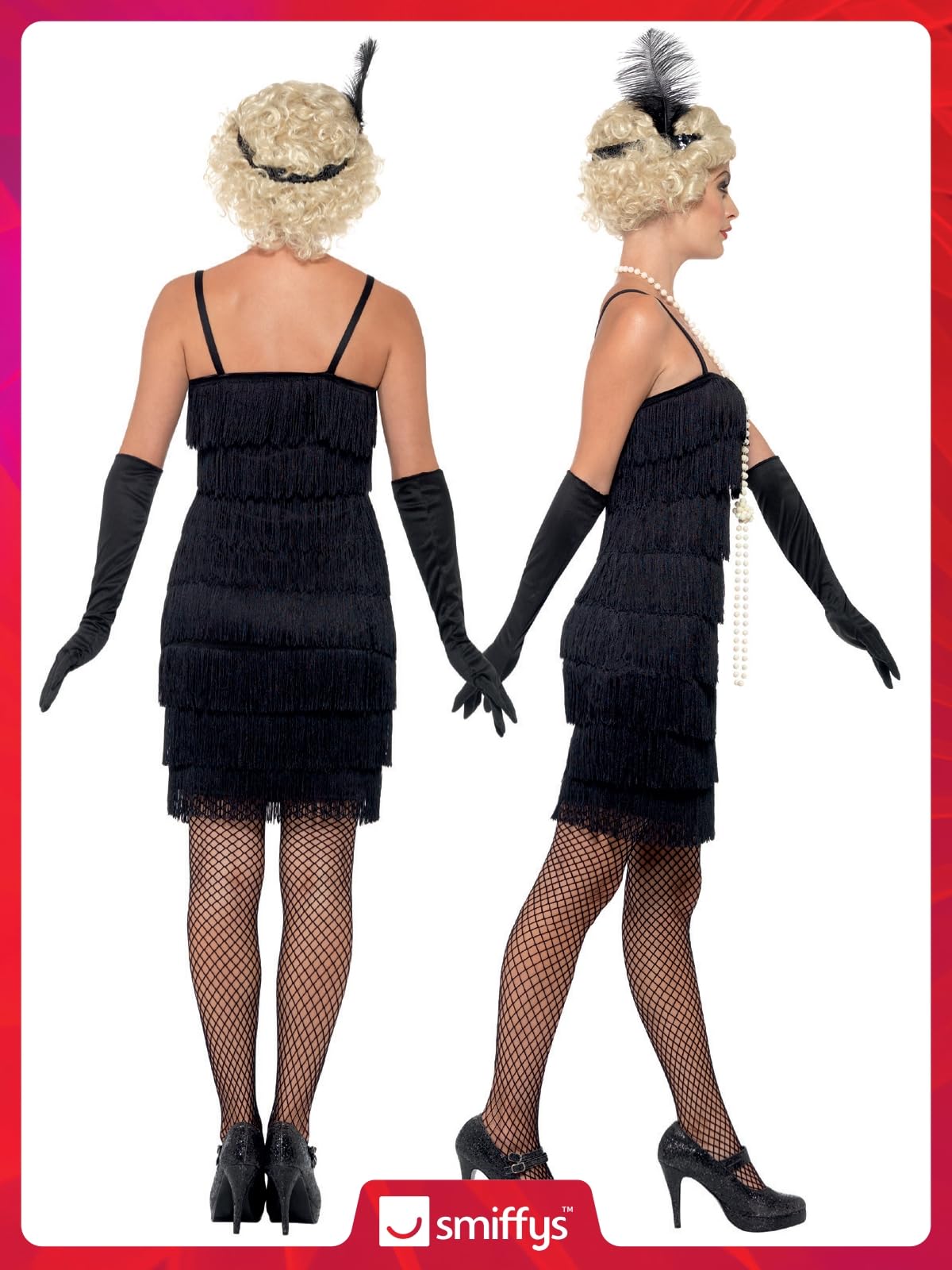 Flapper Costume - Black with Short Dress - Headband & Gloves (image 4)