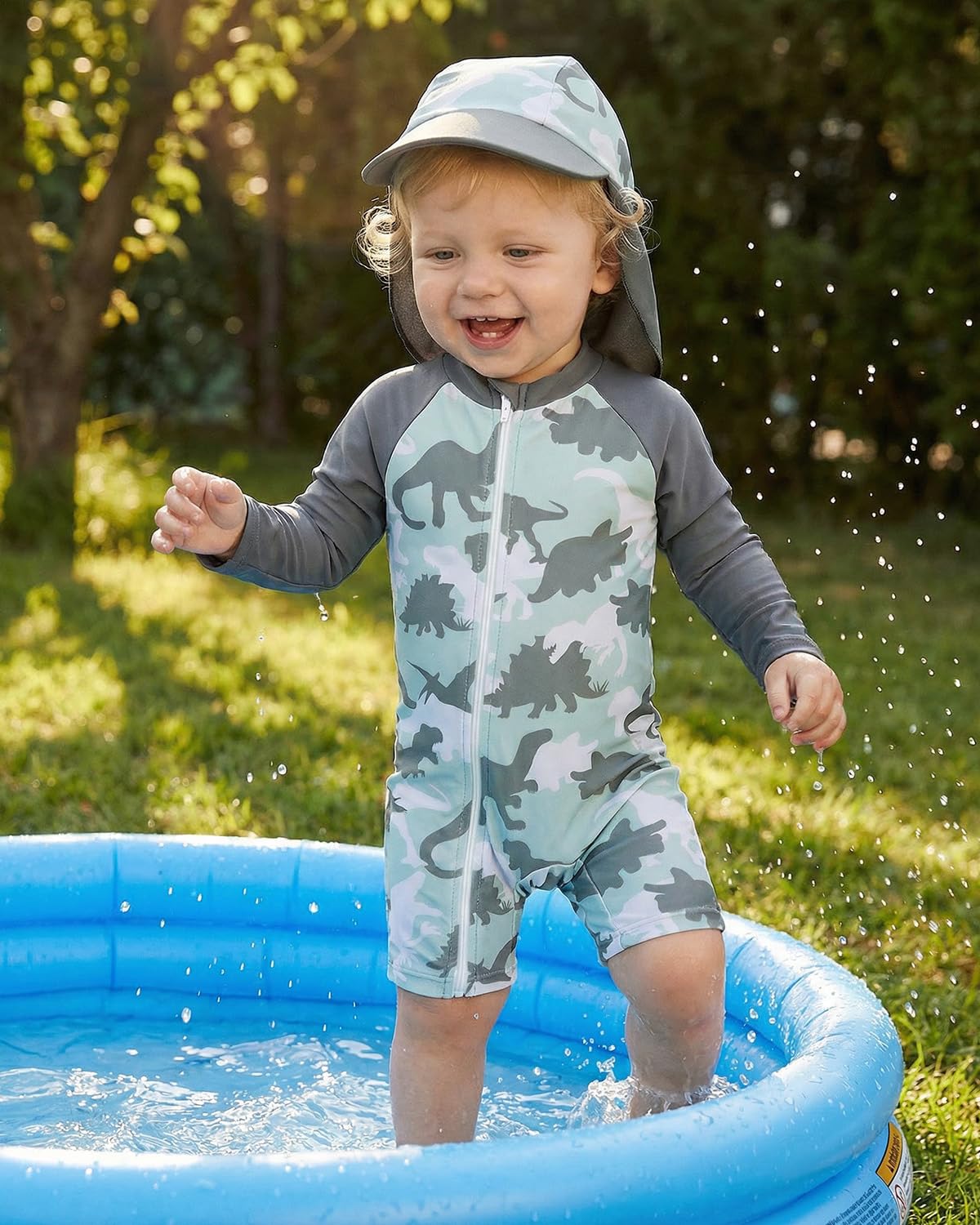 JiAmy Baby Boys Swimming Costume with Sun Hat Long Sleeve Zipper Rash Guard Sun Protection Beach Infant Toddler Baby Swimsuit One Piece Bathing Suits Green Dinasour 18-24 Months