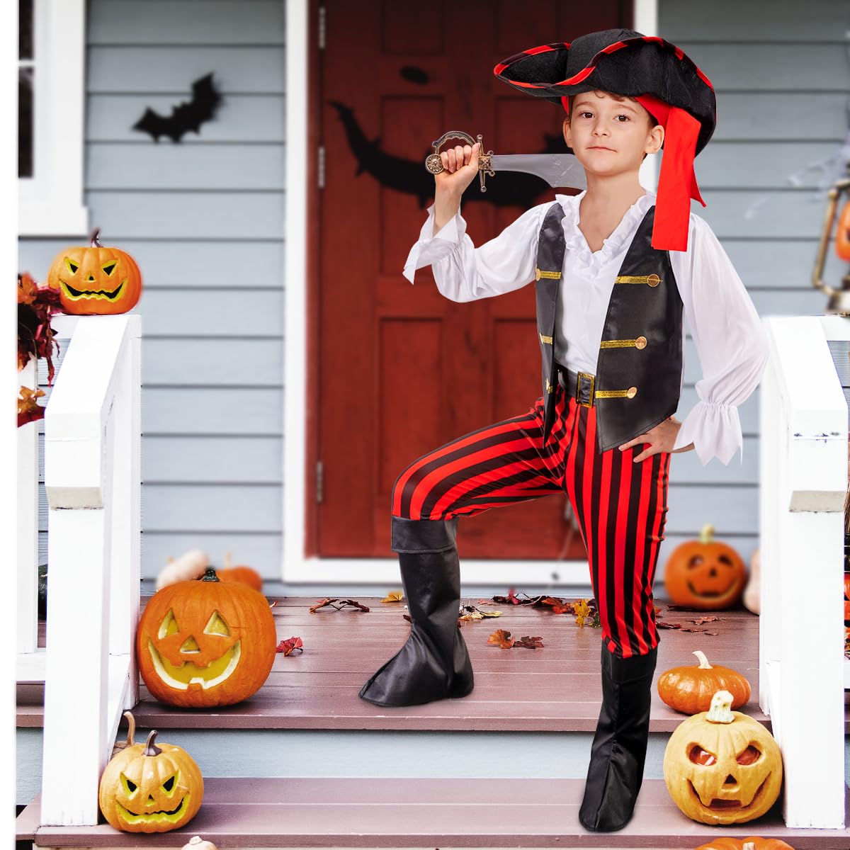 MELAND Pirate Costume Kids, Boys Girls Dress up with Pirate Hat, Boot-covers for Kids Aged 3 to 10, Fancy Dress for Kids & Toddlers Pirate Day Halloween Costumes (Black, M(5-6 Years))