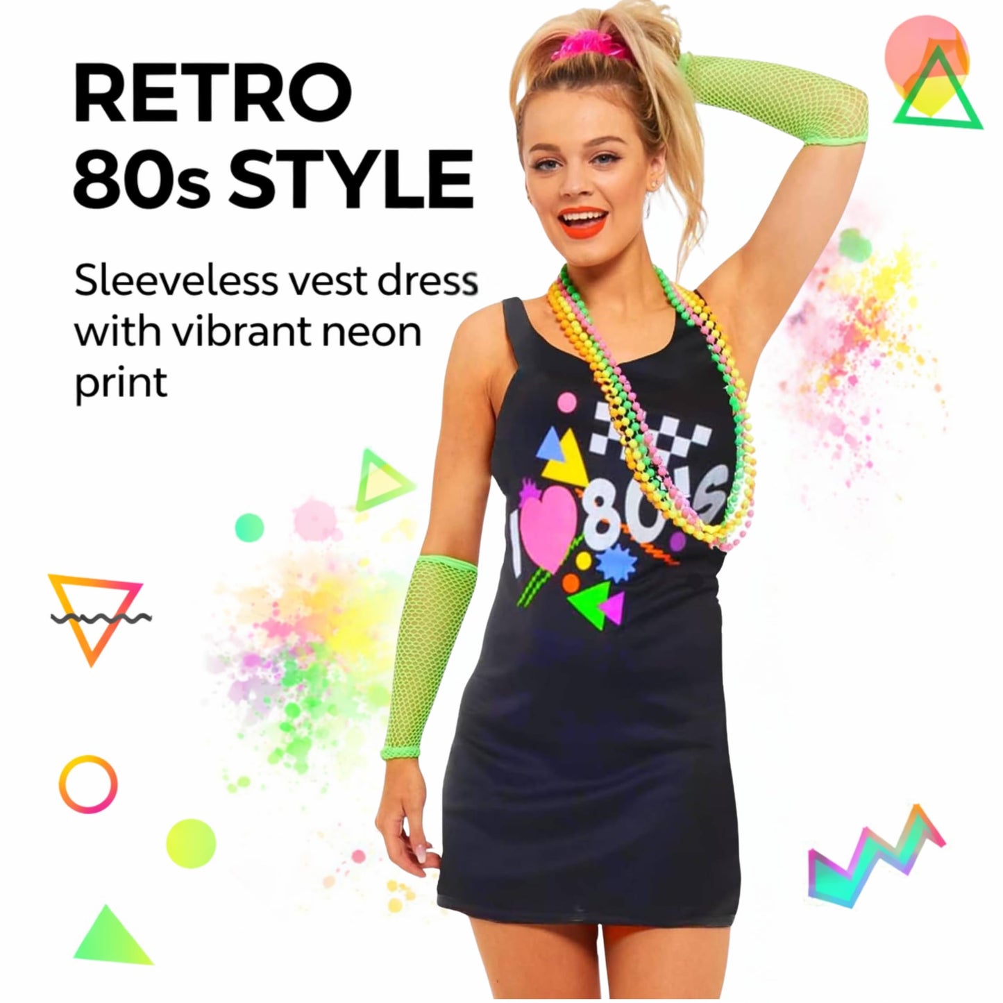 SoWest Women’s I Love 80s Vest Dress – 1980s Neon Fancy Dress Sleeveless Costume for Retro Parties, Hen Nights & Dance Events | Casual Summer Outfit for 80s Theme, Cosplay & Party Wear - XL