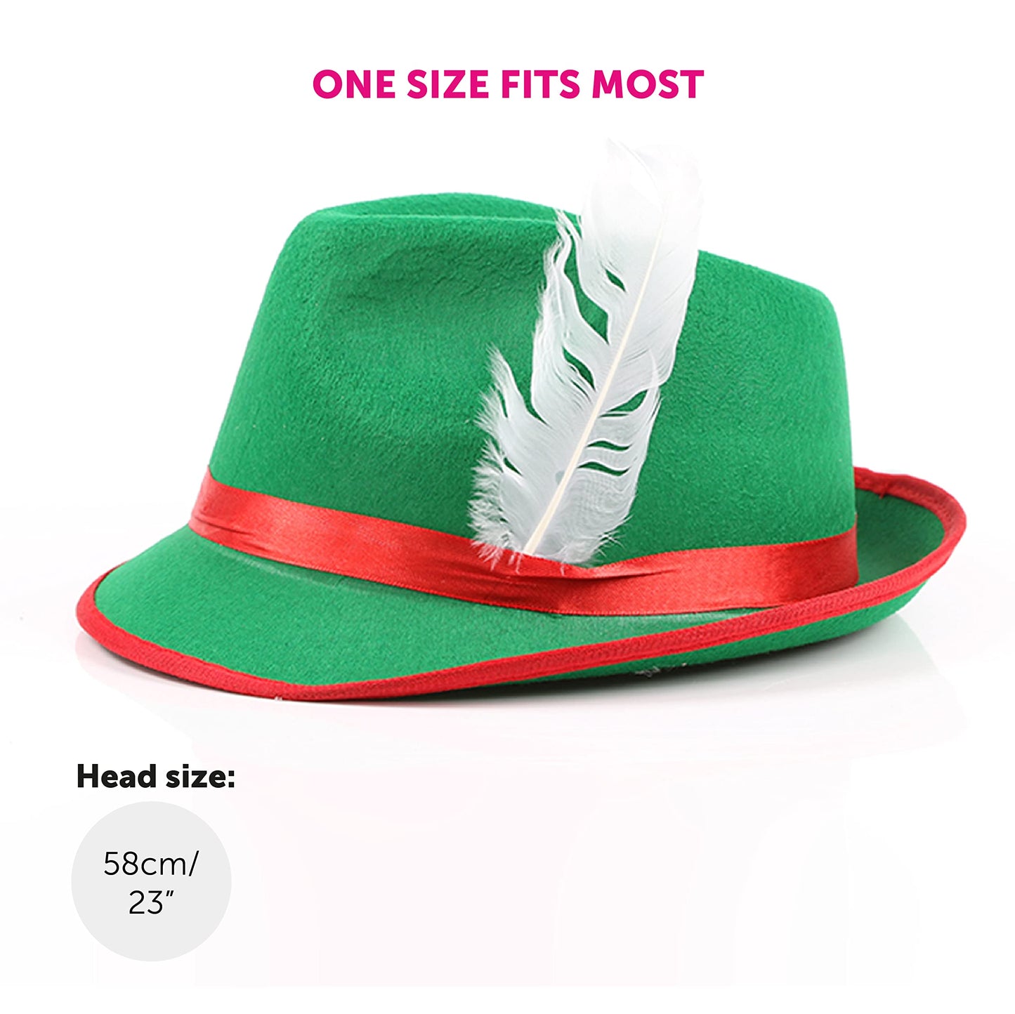 Adults Green Bavarian Hat - Pack of 6 Green and Red Oktoberfest Hat with Feather Detail - Adults German Oktoberfest Fancy Dress Costume Accessory