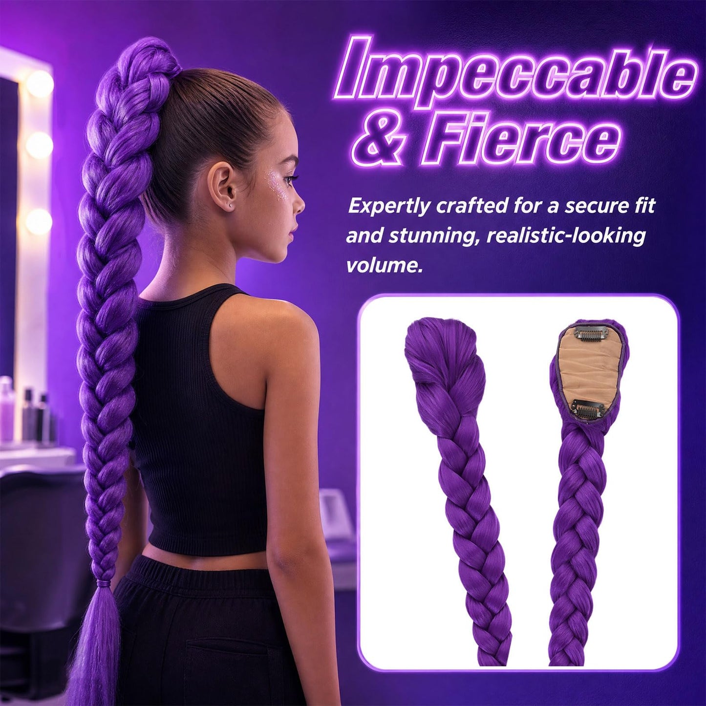Purple Wig Braided Ponytail Hair Extensions for Women and Girls