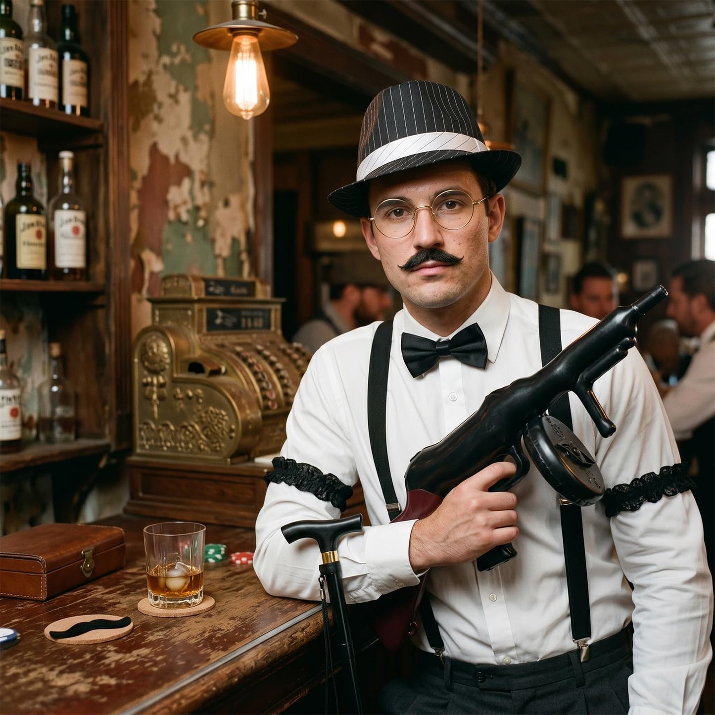 1920s Accessories for Men, Great Gatsby Fancy Dress Set with Fedora Hat Suspenders Bow Tie Fake Beards Glasses Inflatable Gun Folding Cane for Roaring 20s Gangster Costume for Party (Black Stripes)