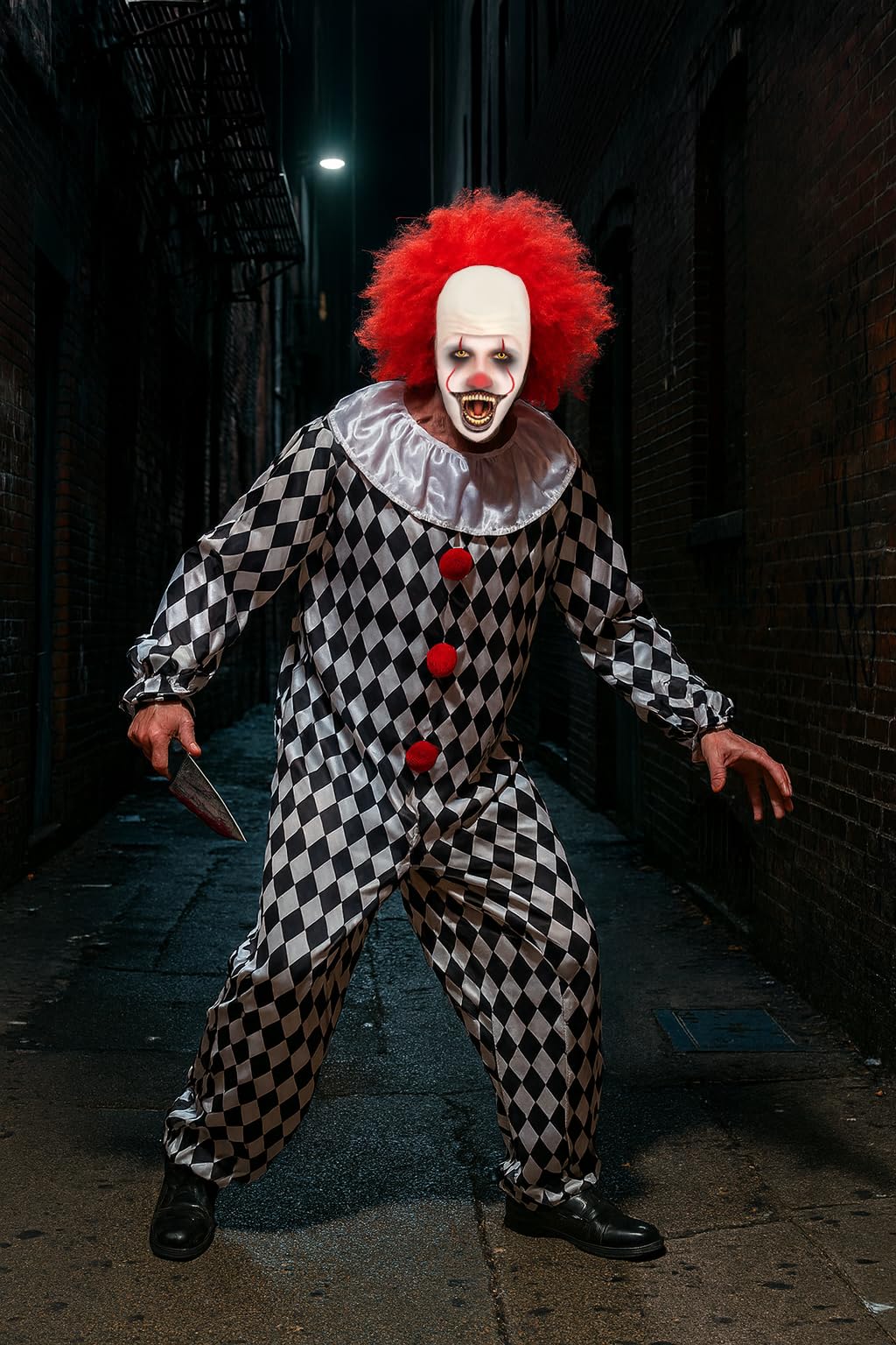Scary Clown with Wig Halloween Fancy Dress Costume (image 2)