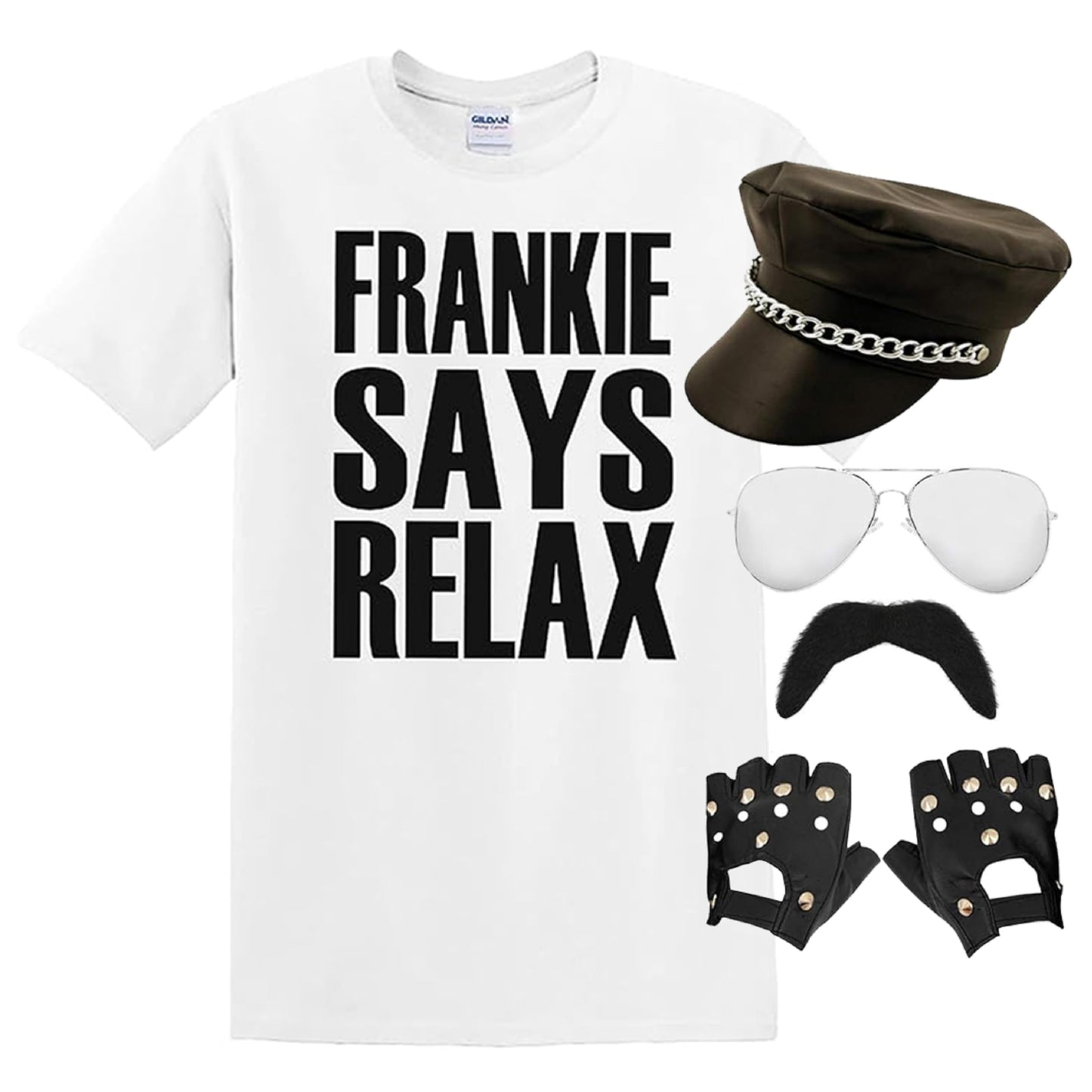 Adults 80s Pop Star Costume - X-Large - White Slogan T-Shirt, Leather-Look Biker Cap, Studded Gloves, Sunglasses, Black Moustache - Mens 1980s Music Icon Best of British Party Fancy Dress Costume