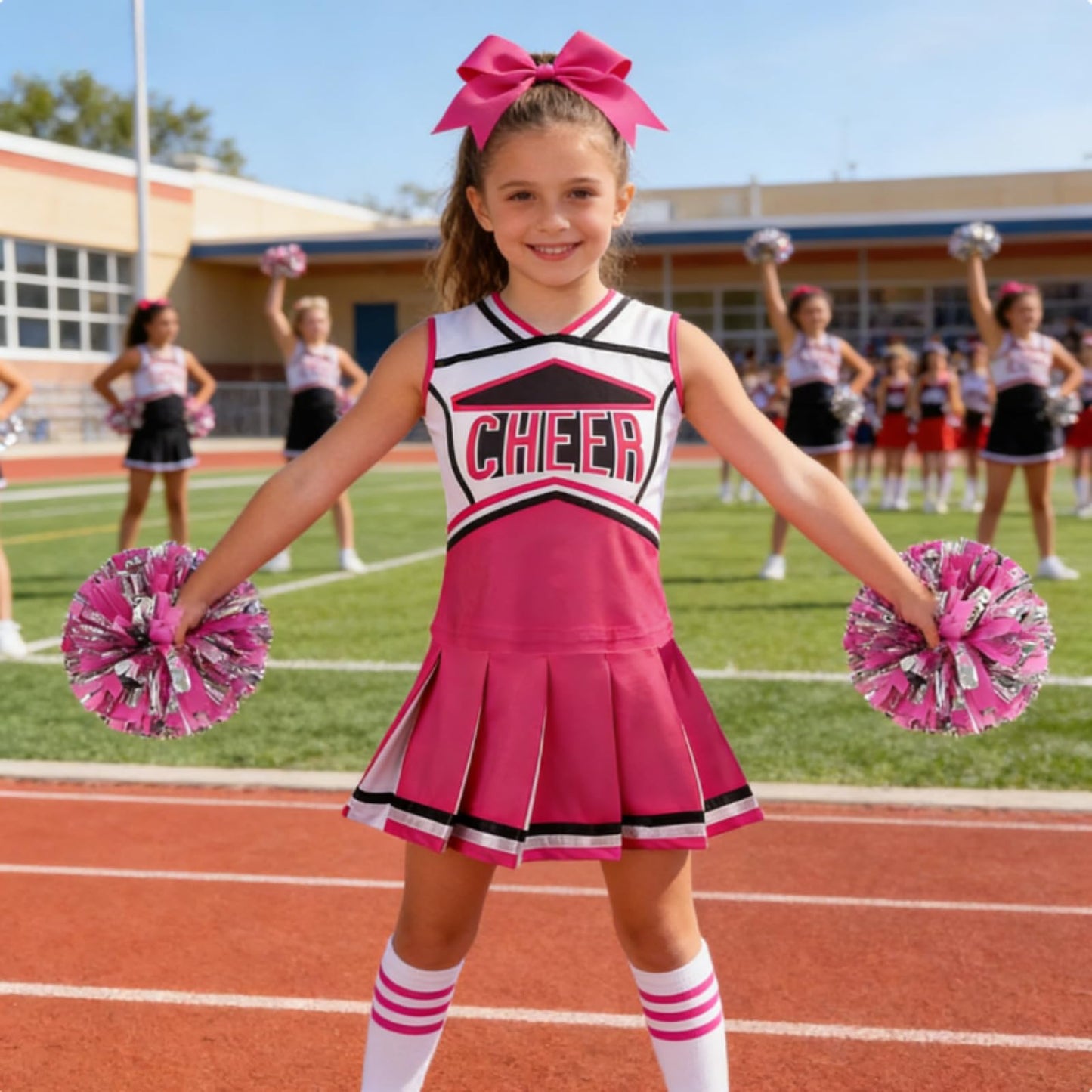 DELIVESS Cheerleader Costum for Girls Cheerleading Outfit Kids School Cheer Uniform 5 Pcs Set for Halloween Party Dress up 6-7 Years (130, Rose Red)
