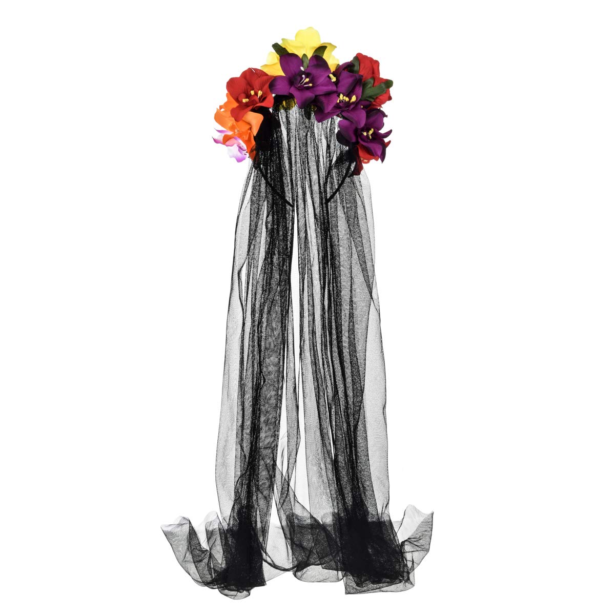 Day of the Dead Headpiece Rose Floral Crown Halloween Costume Mexican Headband with Veil (Red Yellow Orange Black Veil)