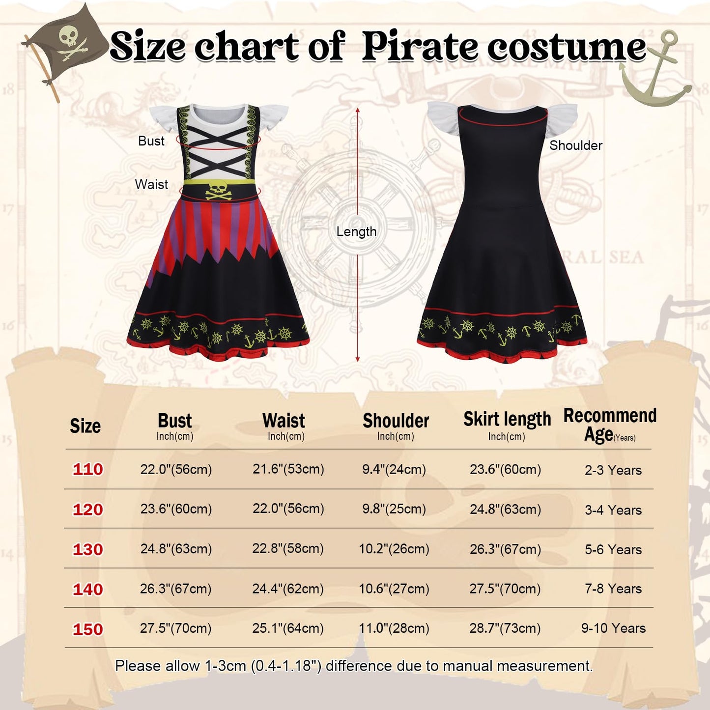 Berich Kids Pirate Fancy Dress Up Halloween Costumes for Girls World Book Day Outfit Therm Party Role Play Dress Up Pirate Accessories Sword Eye Patch Hat Girls Costume 5-6 Years, Size 130, Black