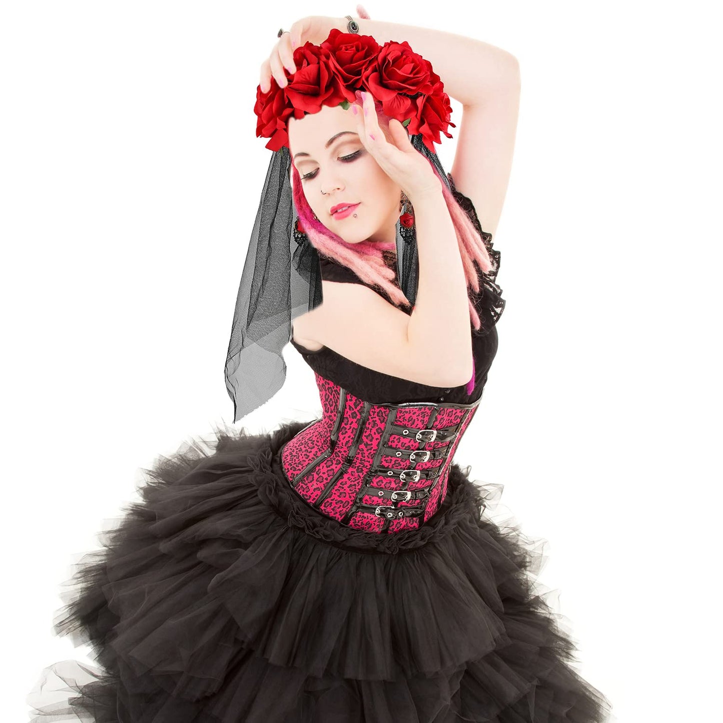 NAUZE 4 Pieces Day of the Dead Halloween Costume Set Gothic Bride Veil Ladies Rose Necklace Lace Eye Mask Lace Gloves for Halloween Adults Costume Accessory(Red)