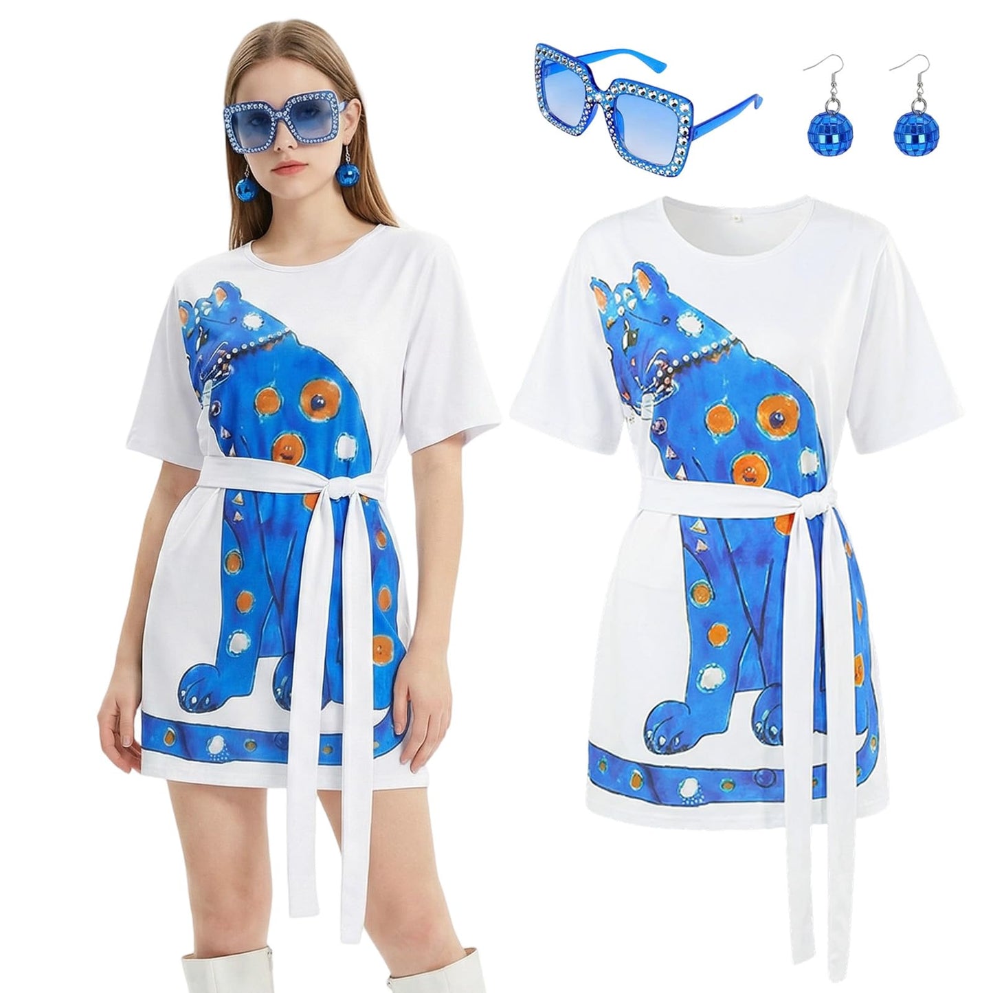 ABBA Costume for Women - 70s Disco Blue Panther Print Loose Dress