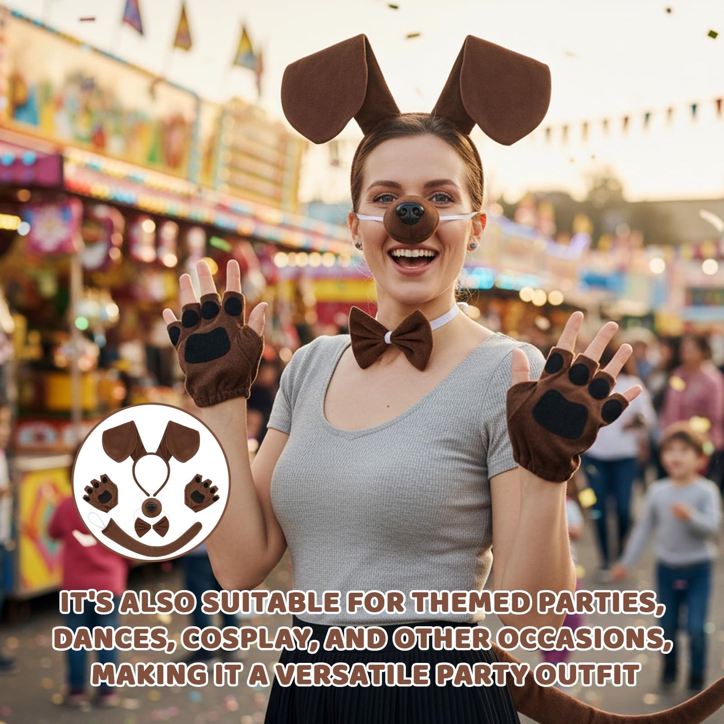 Dog Ears Headband - Five-Piece Dog Costume Set for Adults and Kids