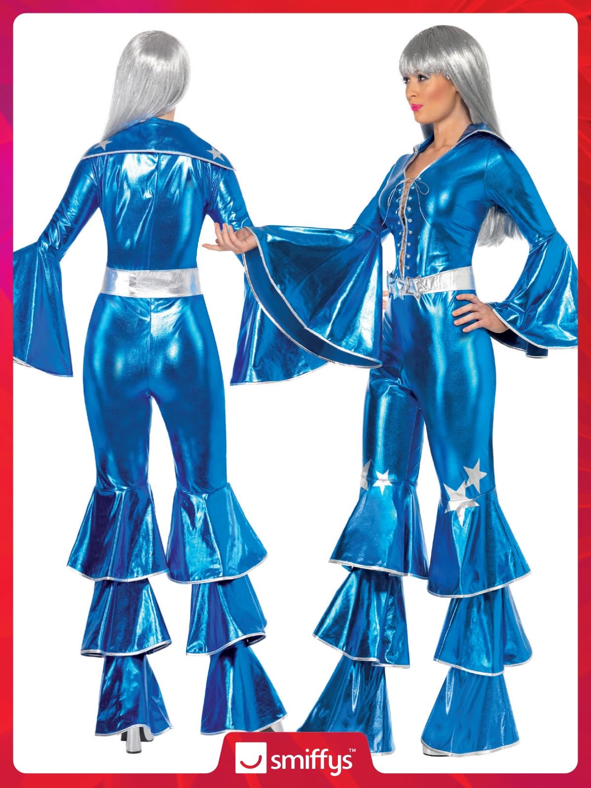 Smiffys 70s Dancing Dream Costume for Women, Blue Disco Jumpsuit with Lace-Up Front, Bell Sleeves & Star Detail, 1970s Fancy Dress Outfit for Hen Parties, Festivals & Themed Events