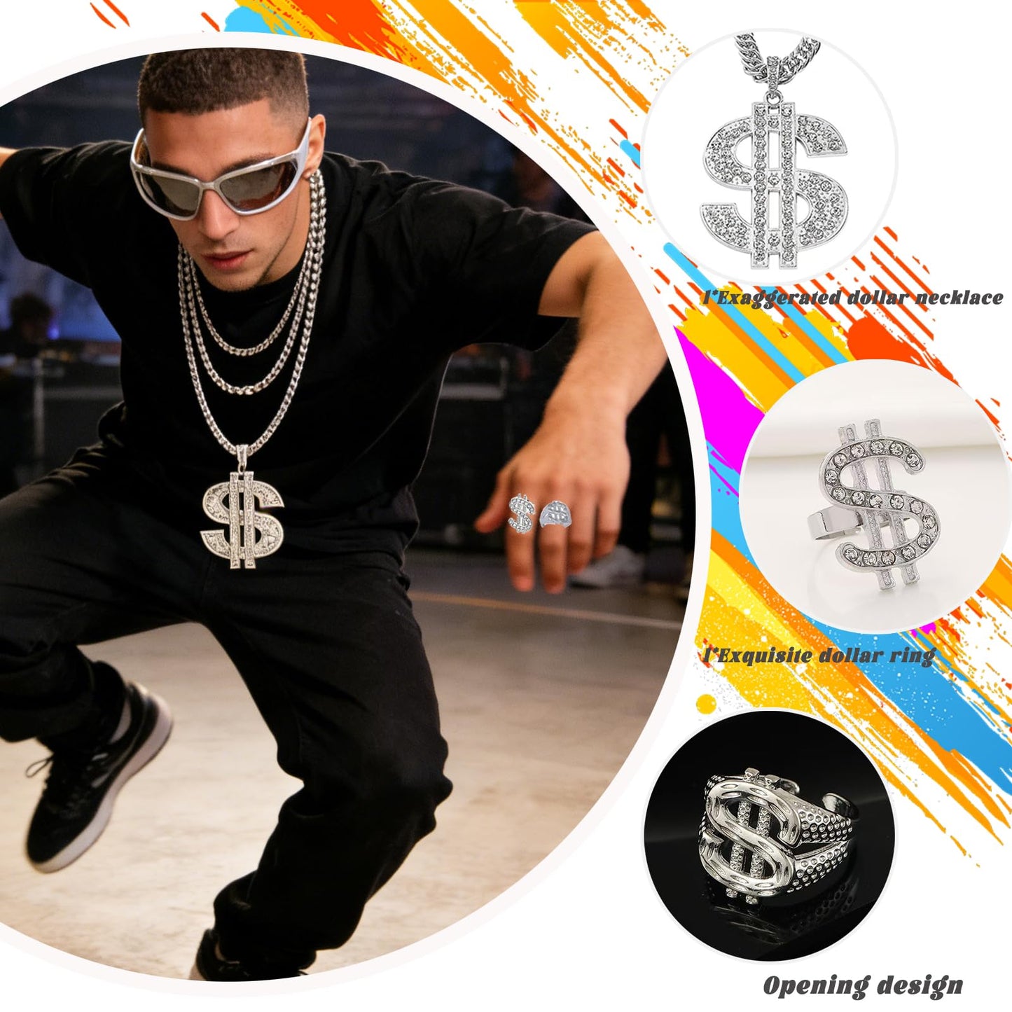 DONGZQAN 8PCS Soulja Boy Hip Hop Costume, 2000s Rapper Chain Costume, Gold Chain Dollar, 90s Fancy Dress Men, Hip Hop Costume, Hip Hop Ring, Hippie Glasses For Hippie Rapper Disco Outfit