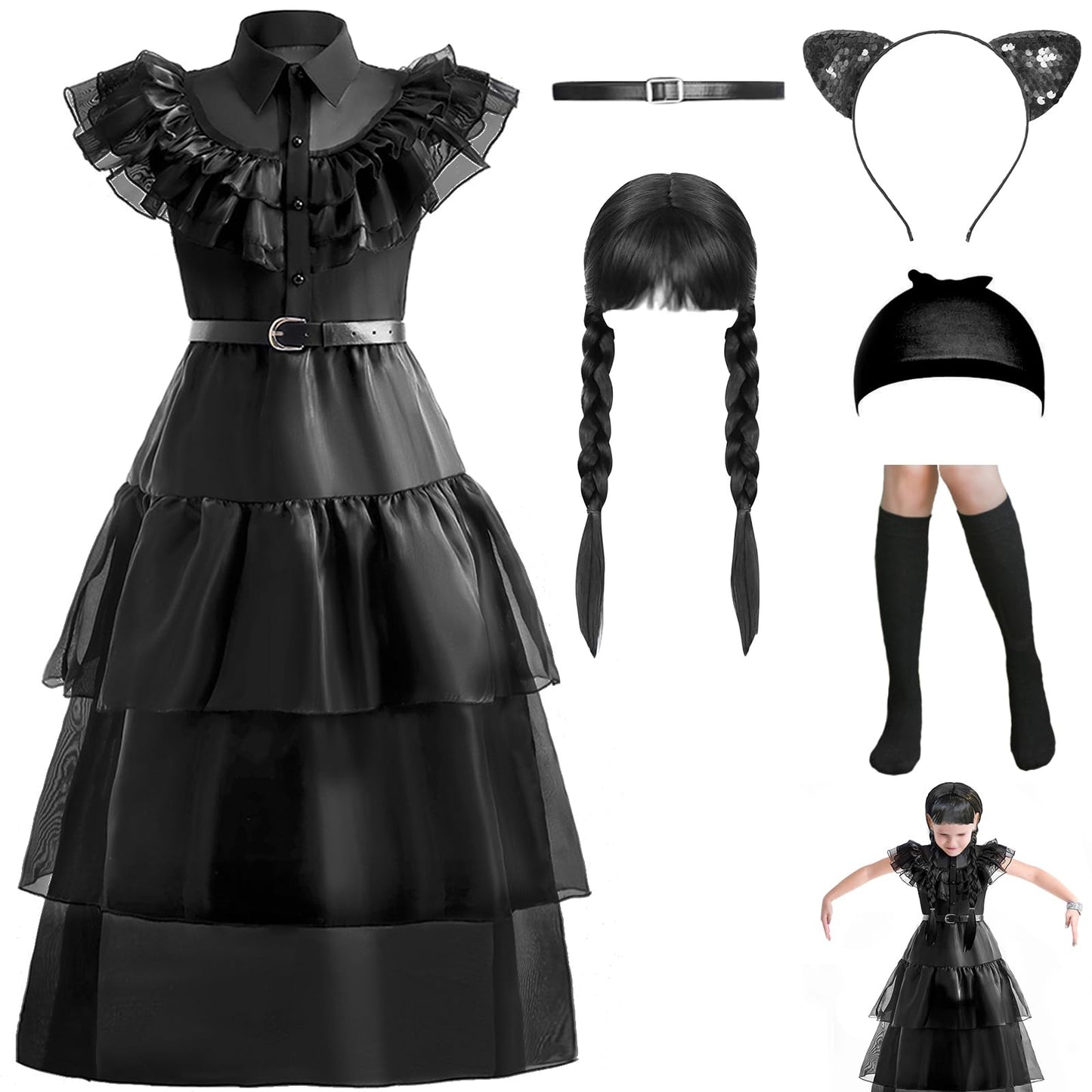 keaiyouhuo Wednesday Addams Costumes Dress for Kids Girls Family Merchandise Fancy Dress Up Cosplay Halloween Party Outfit with Wig 4-14 Years, Black
