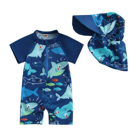 Geagodelia Baby Boy Swimming Costume Toddler Boy Swimsuit Infant Bathing Suit Short Sleeve One Piece Rash Guard Sun Hat Summer Beachwear (Blue, 6-12 Months)