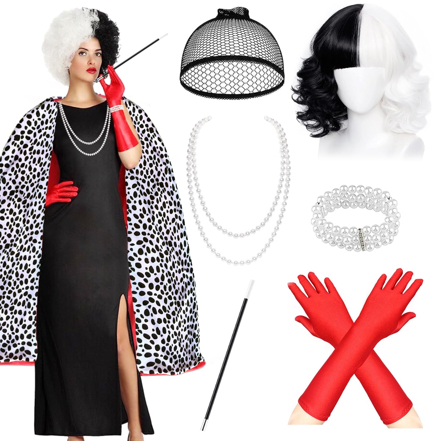 UxClishe 7 Pcs Cruella Costume Accessories Set, Cruella Fancy Dress Kit with Cape Gloves Wig for World Book Day