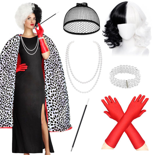 Cruella Costume Accessories Set - Cruella Fancy Dress Kit with Cape