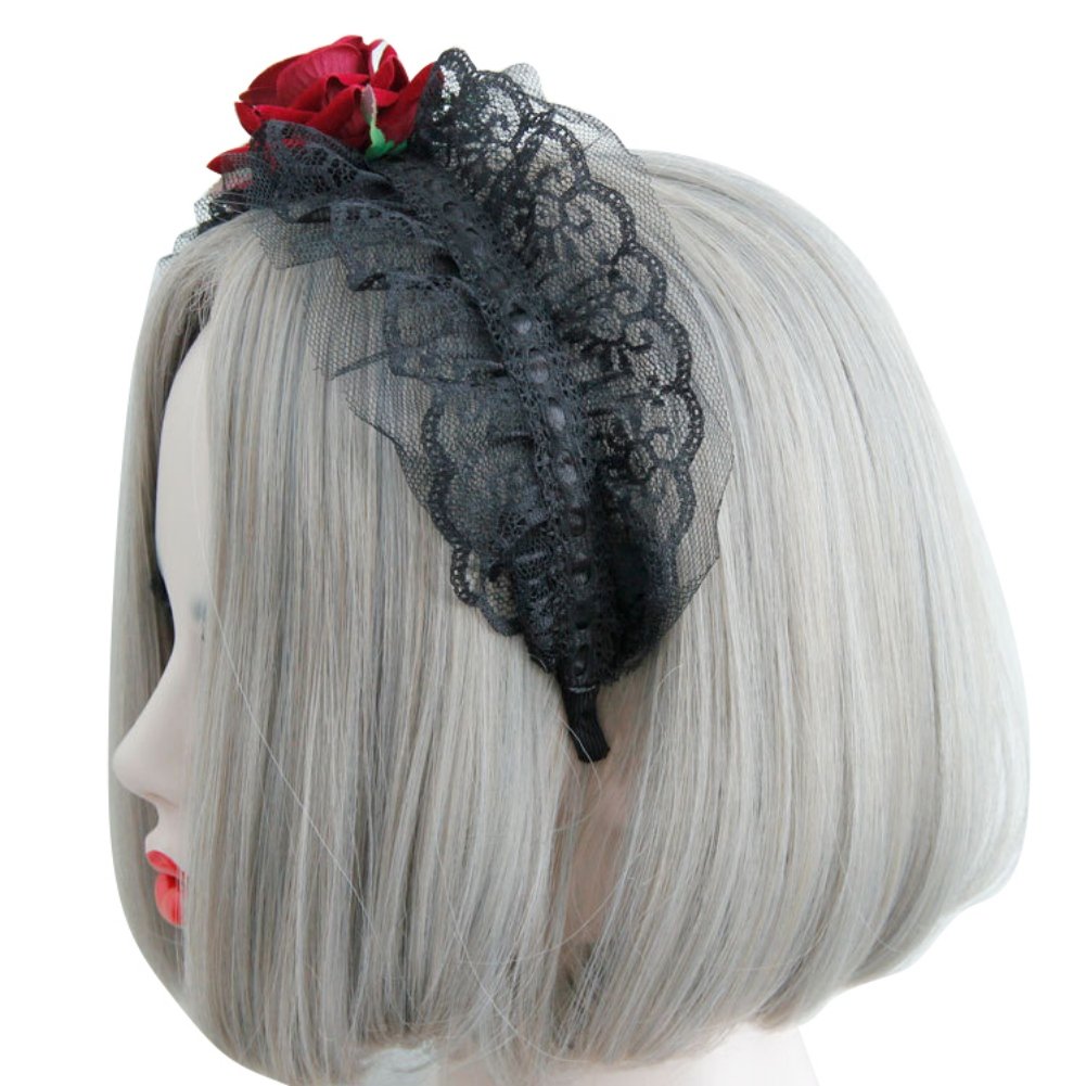 Gothic Rose Headband Black Lace Flower Crown Day of The Dead Headband Halloween Costume Headdress Cosplay Headpiece Accessories Bride Rose Hair Hoop for Gothic Wedding Festival Photoshoot