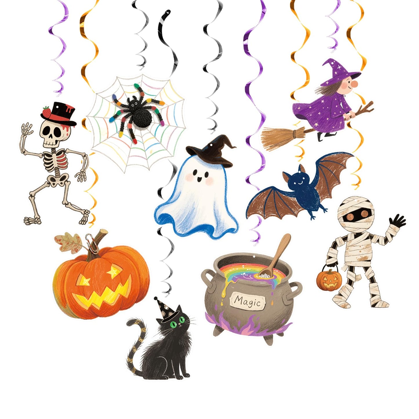 Vsosfiza Halloween Hanging Swirl Set Party Decorations, 48 Pcs,Ghost Pumpkin Skull Cat Witch Party Supplies Sign,Black purple Orange