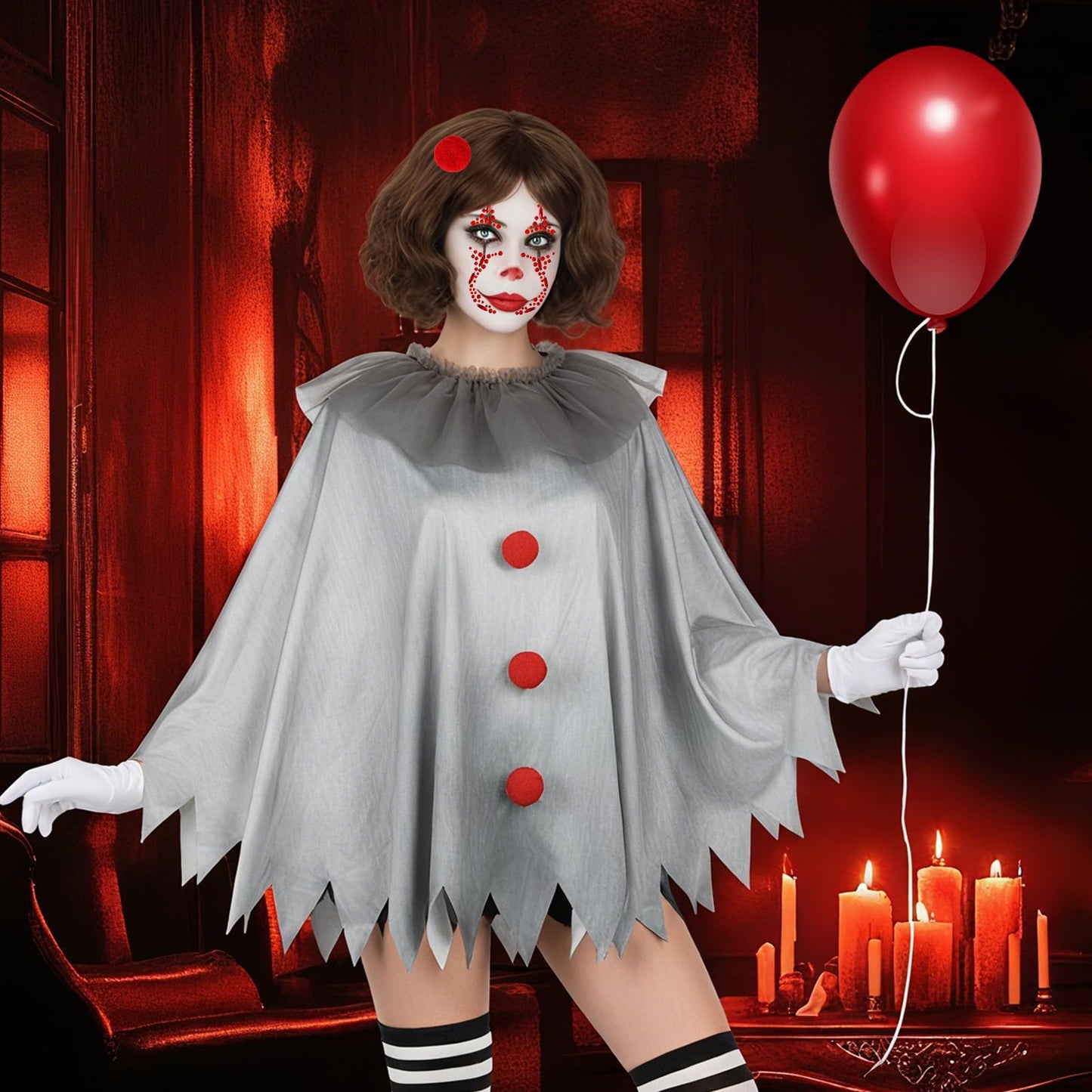 Beipegin Scary Clown Costume for Adults,Clown Poncho Face Gems Gloves Hairclip Joker Costume Terrifier Dress Up Carnival Halloween