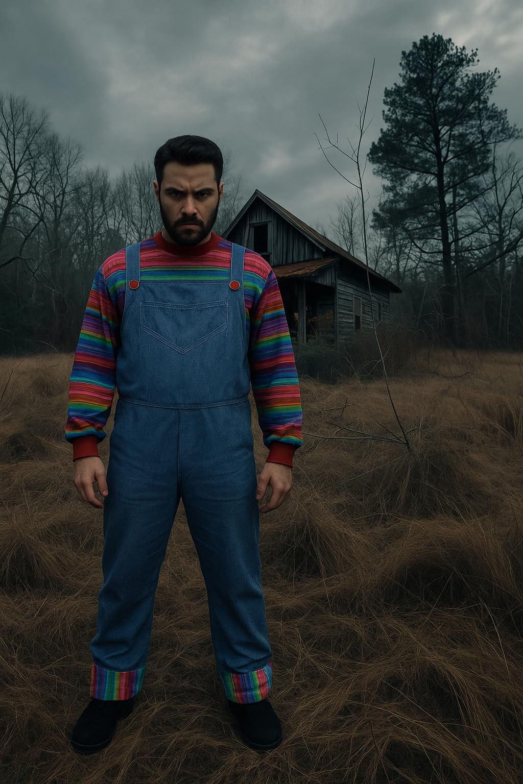 HENBRANDT Adult Killer Doll Costume - Iconic Horror Movie Character Blue Denim Jumpsuit with Multicoloured Striped Sleeves for Halloween Cosplay Fancy Dress Party Unisex One Size