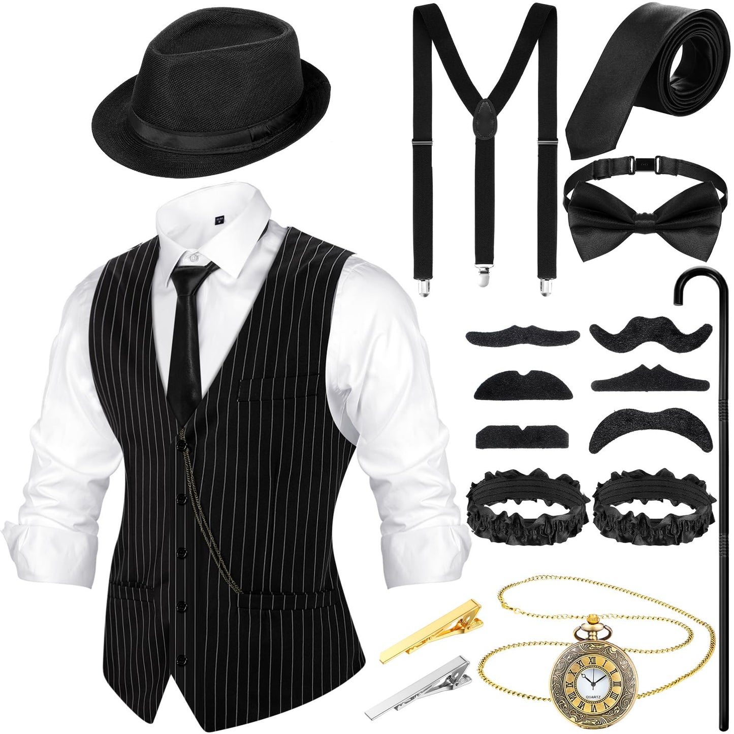 1920s Men's Costume Accessories Set - Vest Hat Suspenders