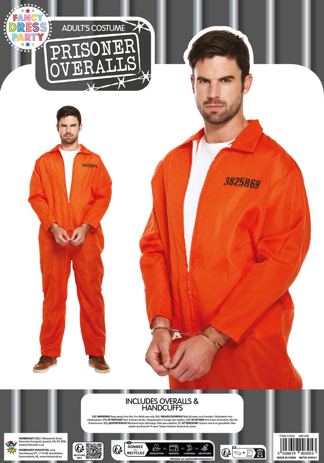 HENBRANDT Adult Men's Orange Prison Jumpsuit Fancy Dress Costume Convict Boiler Suit Prisoner Overalls Jail Jump Suit Dress Up Outfit One Size Mens Fancy Dress Costume