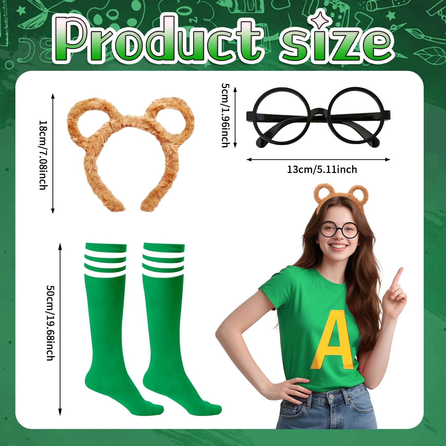 4Pcs Chipmunks Costumes Set with Chipmunk Headband Glasses T-shirt Soccer Socks, Chipmunks Fancy Dress Outfit Party Animal Cosplay for Adults Teens World Book Day Halloween Dress Up (Green, L)