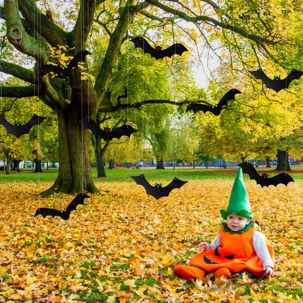 DTYDECLE 12PCS Halloween Hanging Bats, Halloween Flying Bat Hanging Decorations with Glowing Eyes for halloween Decor Outdoor Yard Party Decoration Supplies