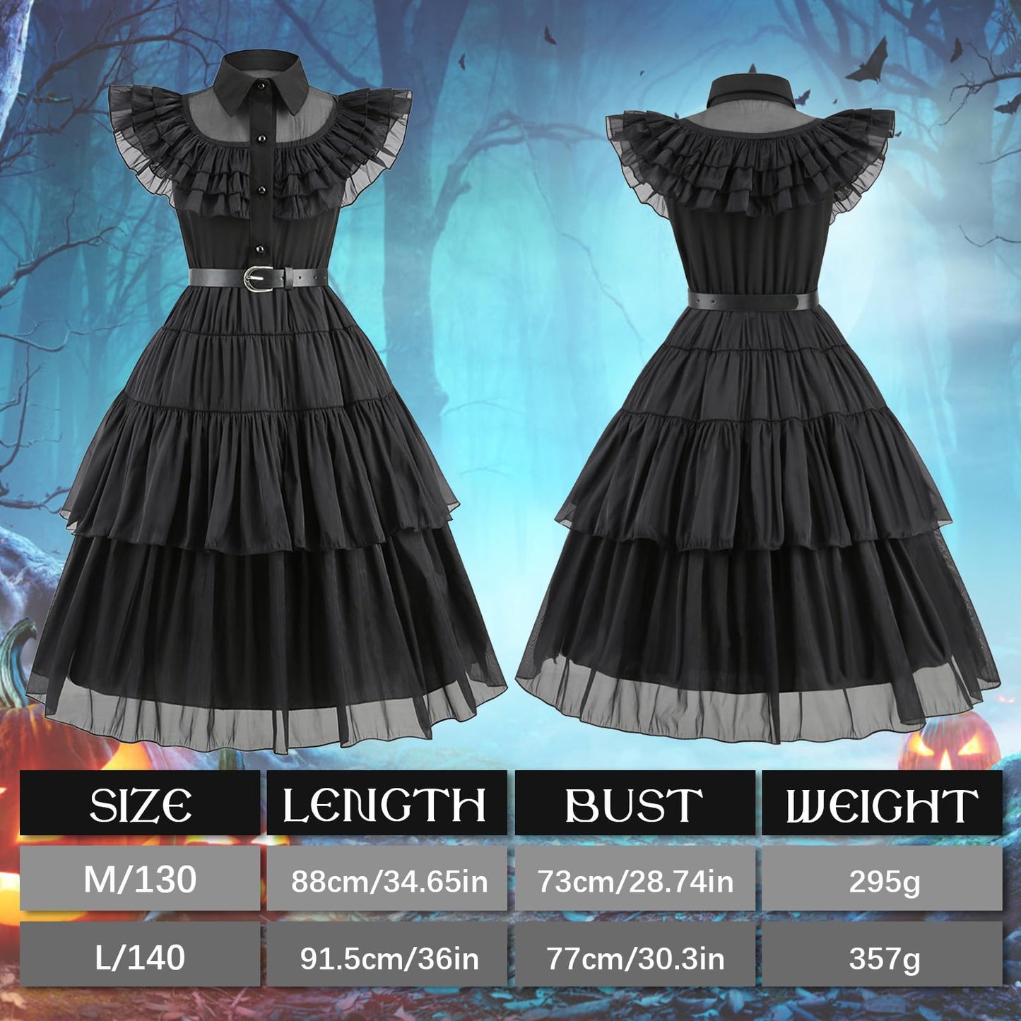 Carreuty 8 Pcs Black Princess Costume Dress Girls Sets, Black Family Dress up Outfits for Kids with Wigs Gloves Socks Hair Bands Tattoos, Gothic School Fancy Dress for World Book Day Halloween