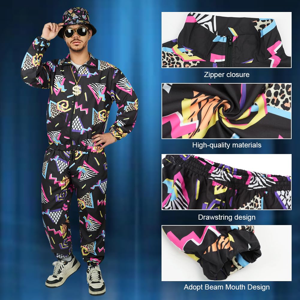 AYBUY 80s 90s Vintage Outfit for Men, 9 Pcs Retro Disco Outfit Set, Hip Hop Costume Outfit with Glasses and Jacket Hat for Disco Theme Party, Halloween, Music Festivals, Masquerade, Carnival (XL)