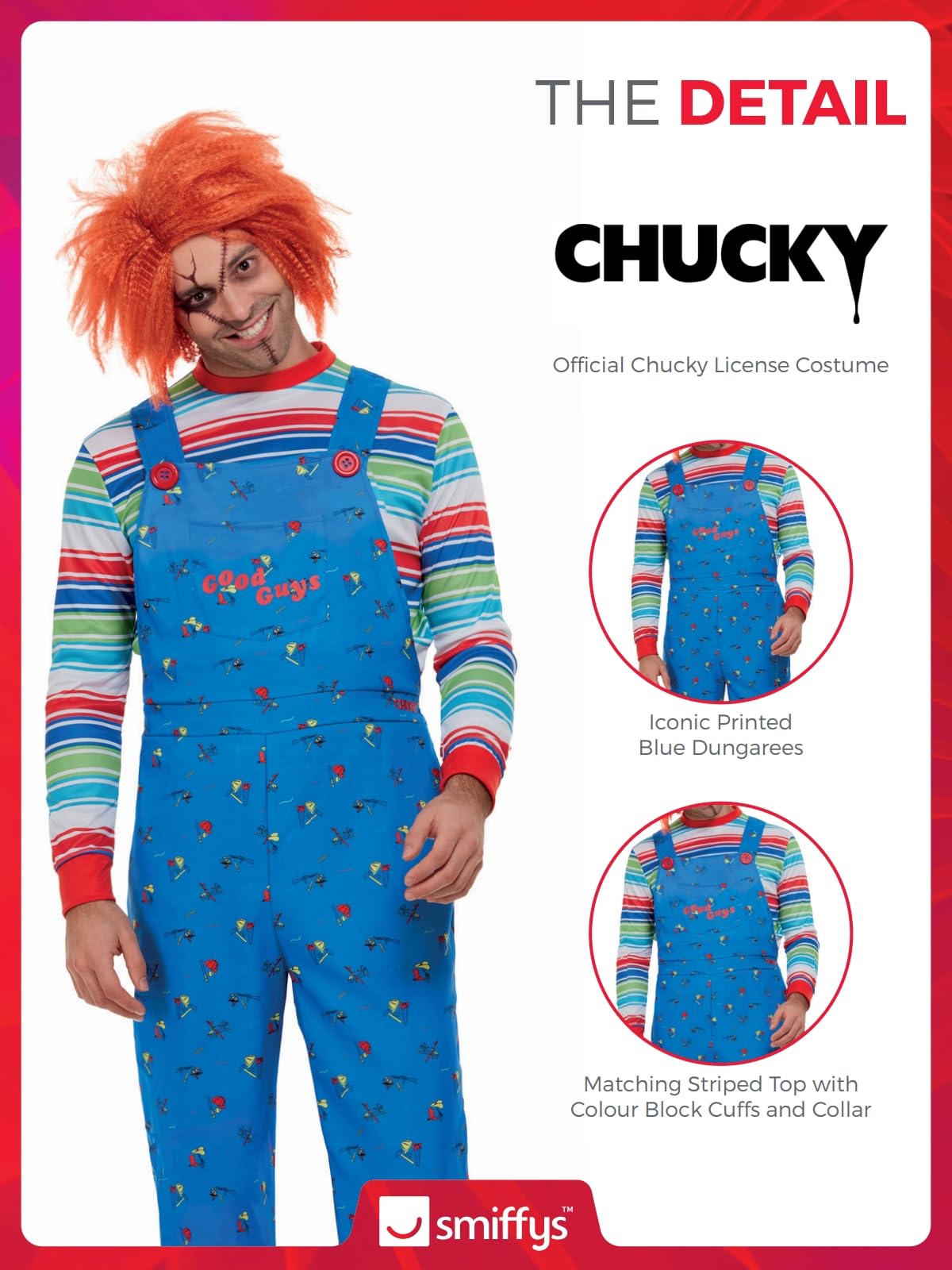 Smiffys Chucky Costume in Blue for Adults, Top and Printed Dungarees, Officially Licensed, Striped Top with Colour Block Cuffs, Perfect for Halloween and Matching Pet Costumes