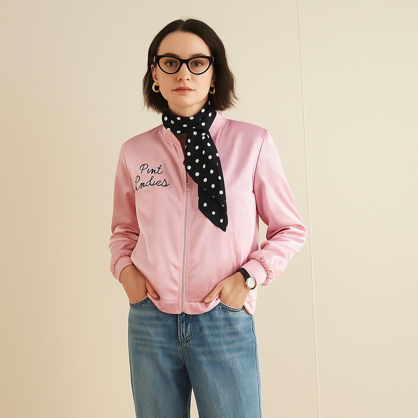 SSKHE Ladies Pink Grease Jacket with Neck Scarf Glasses, Halloween Cosplay Costume Fancy Dress, 1950s Pink Satin Jacket Outfit for Women Festival Carnival Christmas 80s Party