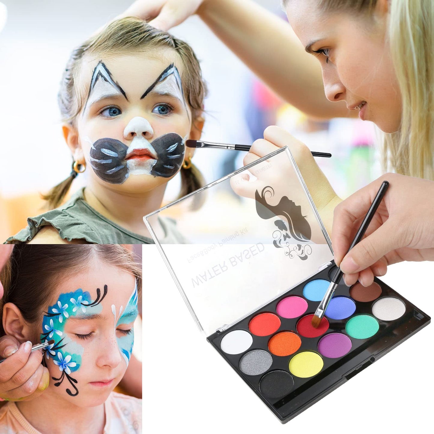 URAQT Face Paint, 15 Color Face Painting Palette with 2 Brushes 32 Stencils, Washable Face Paints Safe Body Paint for Adults Kids Halloween Carnival, Makeup Paint Non-Toxic to Use