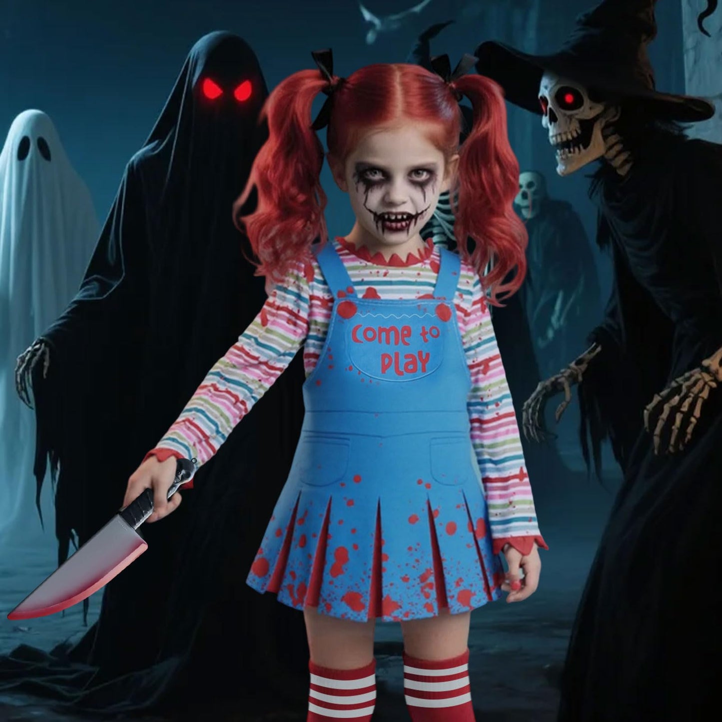 Antsparty Chucky Costume, Halloween Creepy Doll Costume Set with Striped Tops Skirts Socks Stickers, Horror Evil Doll Costumes for Halloween Cosplay
