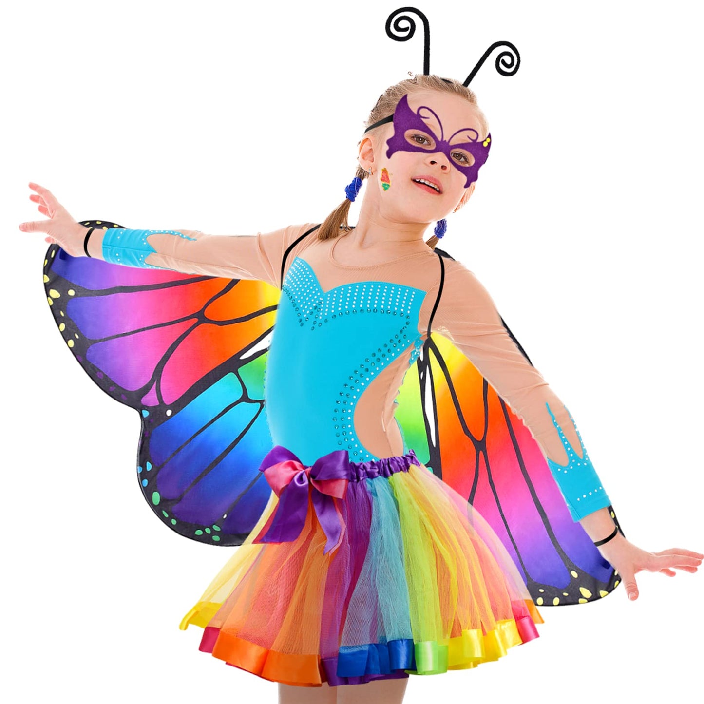 Tacobear Kids Butterfly Costume for Girls with Butterfly Wings Tutu Skirt Headband Mask Tattoos Butterfly Dress Up Cosplay Set Carnival Halloween Costume (Colorful)