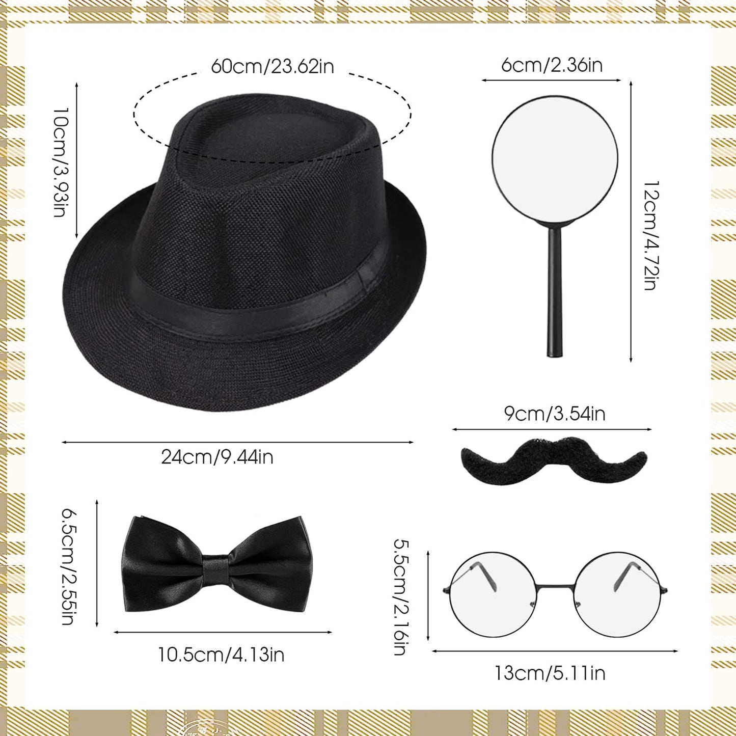 GYIOFAI 5 Pcs Adults Detective Costume Accessories Set, Detective Fancy Dress Kit with Hat Fake Mustache Bow Tie Black Frame Glasses Magnifier, for Halloween Cosplay Carnival Word Book Day (Black)