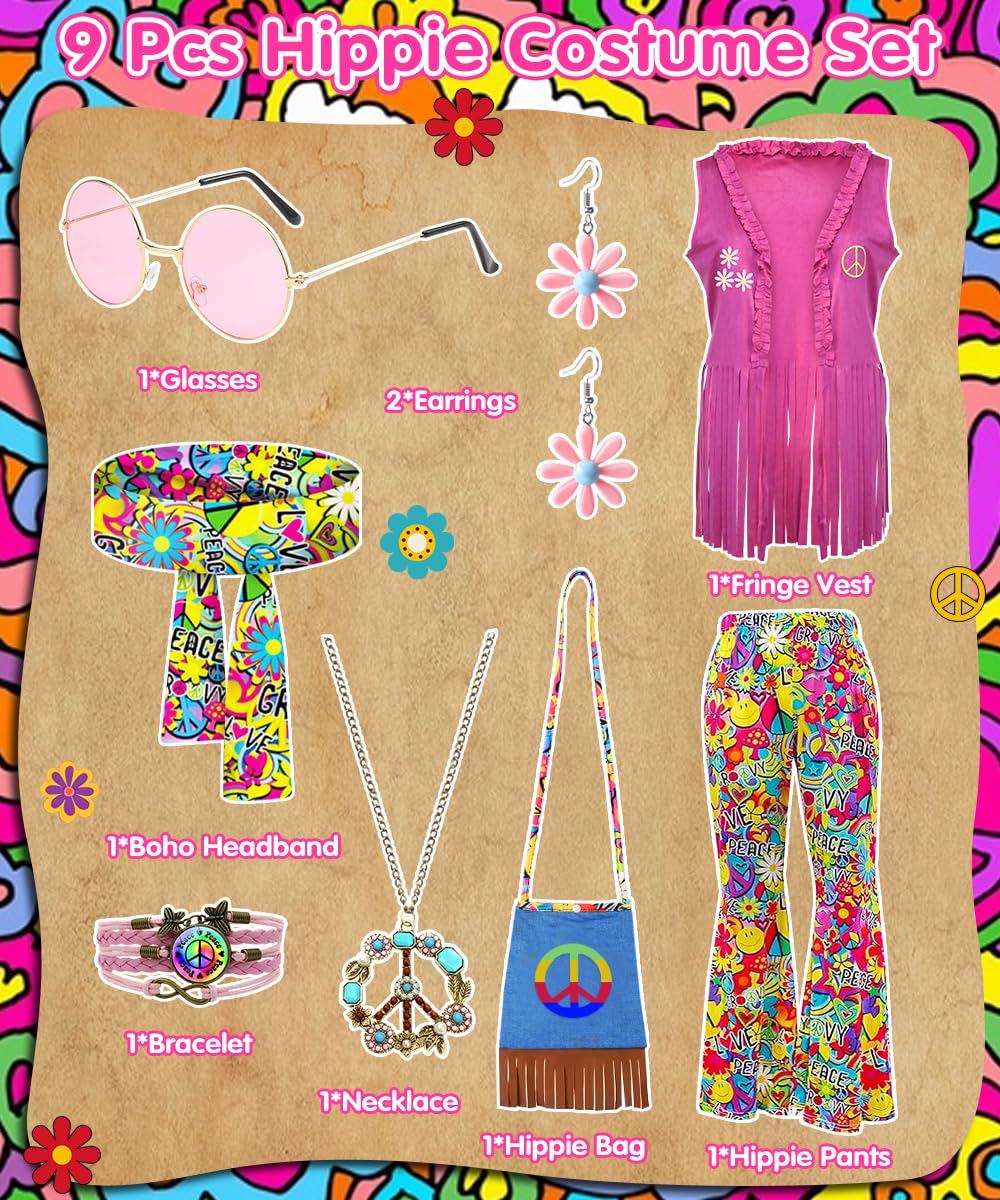 COYBTO 70s Fancy Dress Women, Hippie Costume with Fringe Vest Flared Pants Necklace Set, 60s 70s Disco Fancy Dress, 1970s Retro Hippie Outfit Hippy Clothes for Carnival Cosplay Party