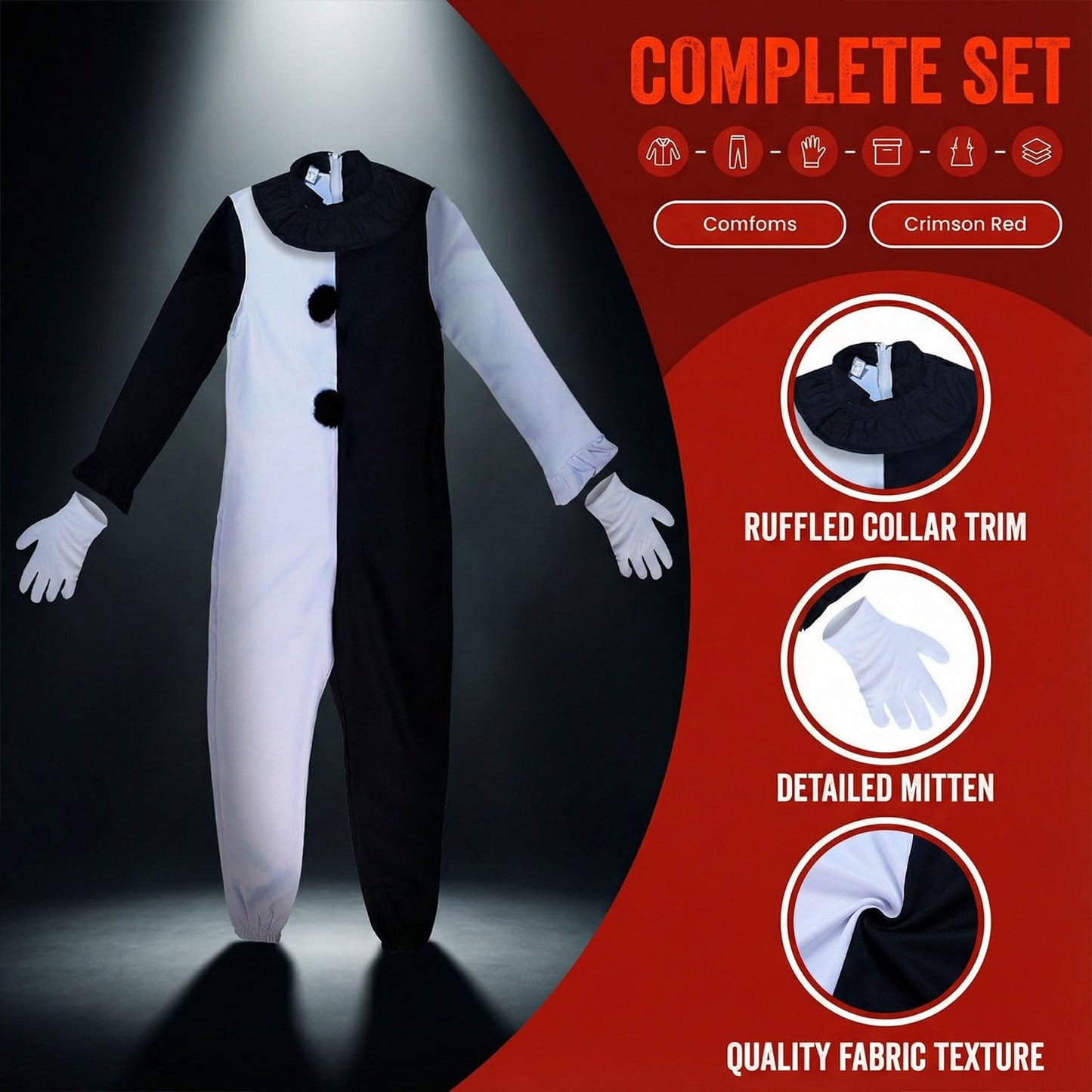 YUPDFGB Terrifier Art The Clowns Costumes - STerrifiers Jumpsuit, Ruffled Collar Trim and Mittens Costume Horror Movie for Scary Killer Party, Halloween Party