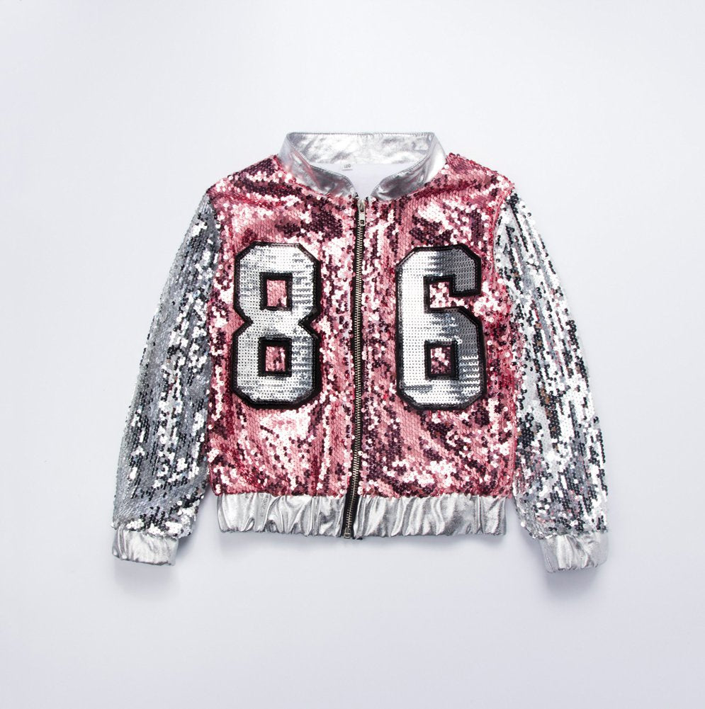 4-Piece Girls Hip Hop Sequins Costume - Sparkly Graphic Jacket (image 8)