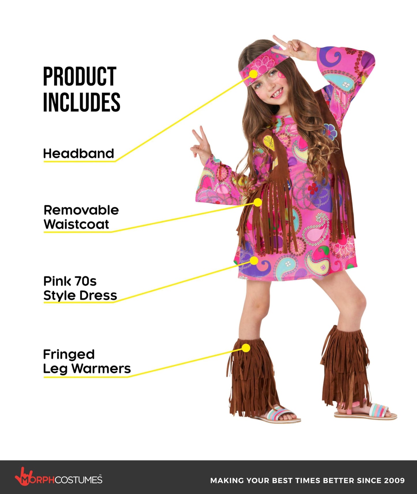Morph Kids Hippie Vest Costume Dress - 70s Disco Outfit for Girls Halloween Costume, Retro Hippie Dress for Kids, Large