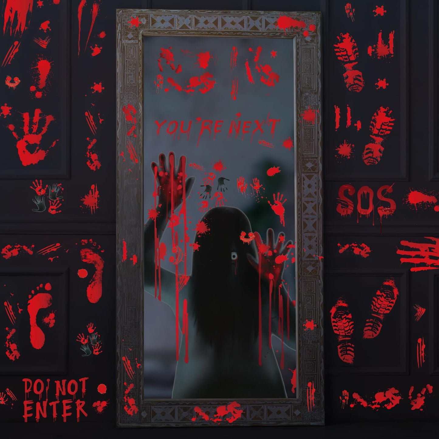 Large Halloween Window Stickers, Etopgo Bloody Decorations Double Sided Window Clings with Handprints Footprints for Halloween Party Decorations