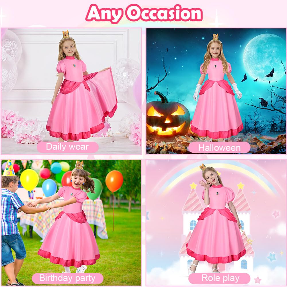 Aomig Peach Princess Costume for Girls, 5 Pcs Peach Fancy Dress Up with Crown Earrings Gloves Brooch Wand, Princess Peach Outfits Dress for Girls for Party Cosplay Birthday Halloween Christmas(120)
